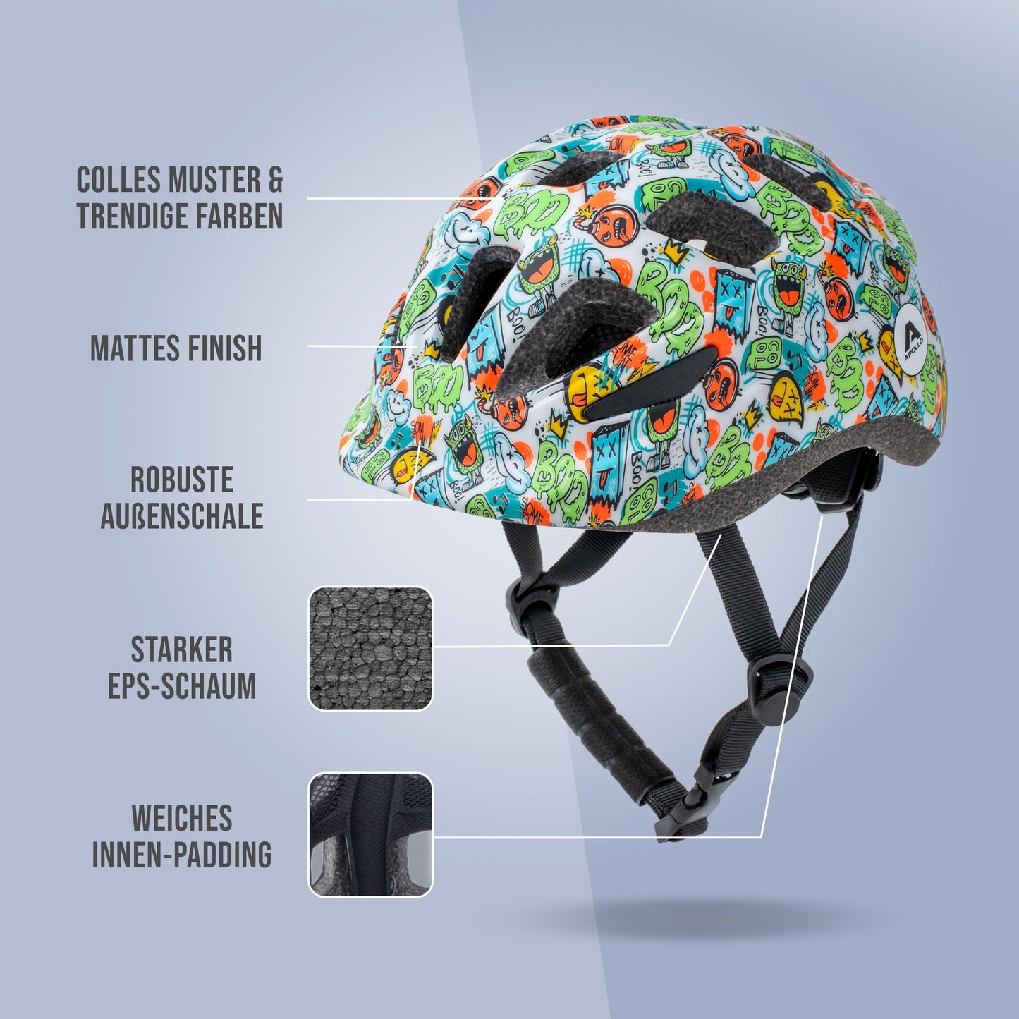 Apollo Kinder Fahrradhelm, Helm für Kinder & Jugendliche, Multisport Helm, Fahrradhelm Mädchen, Fahrradhelm Jungen, Kinderhelm ab 3 Jahre, Verstellbarer Kinder-Helm, ab Größe 48, für Fahrrad & Roller