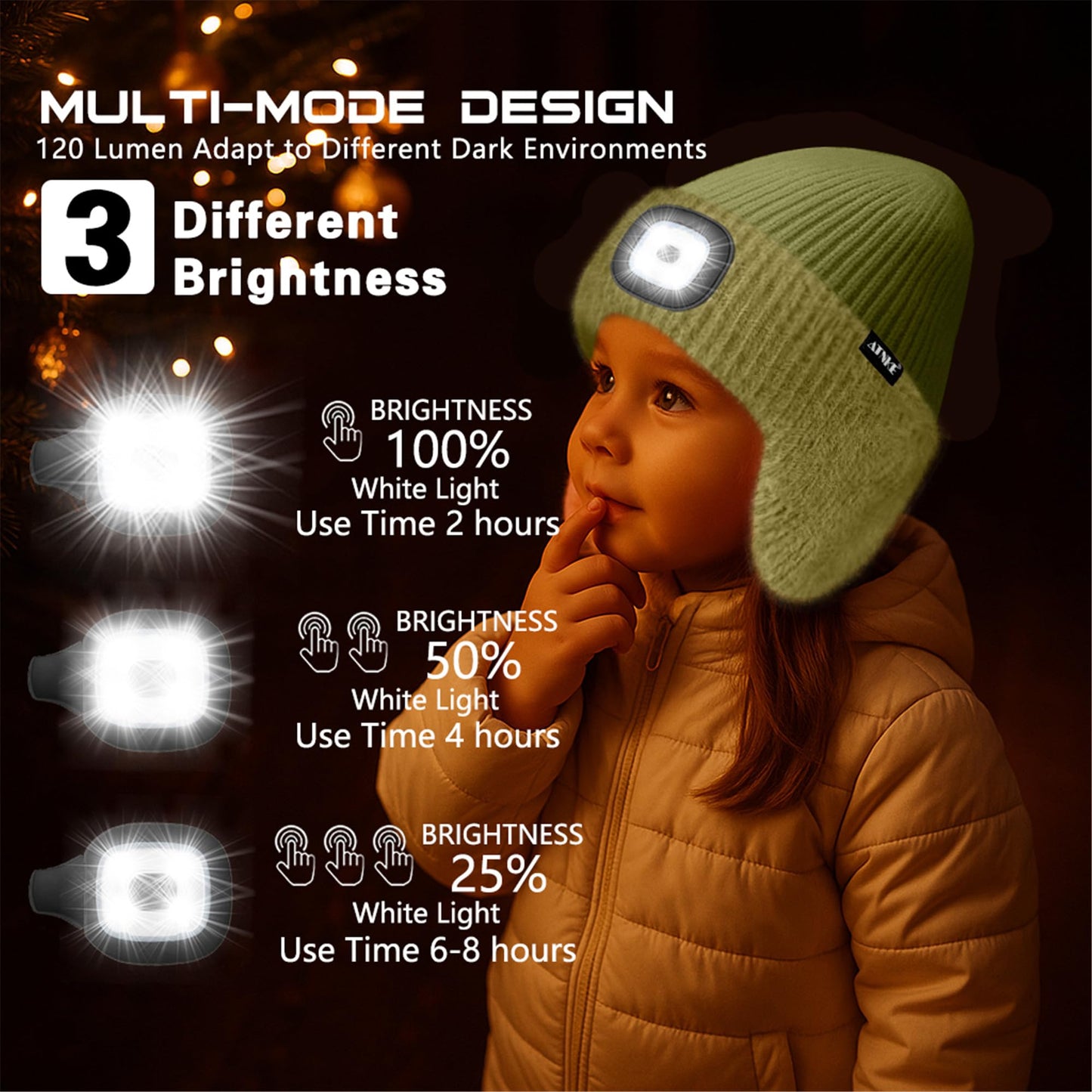 ATNKE Kinder LED Beleuchtete Ohrenklappen Mütze mit Licht,USB Wiederaufladbare 4 LED Laufmütze Stirnlampe Winter Warm Fleece Gefüttert Strick Mütze Geschenke für Jungen und Mädchen