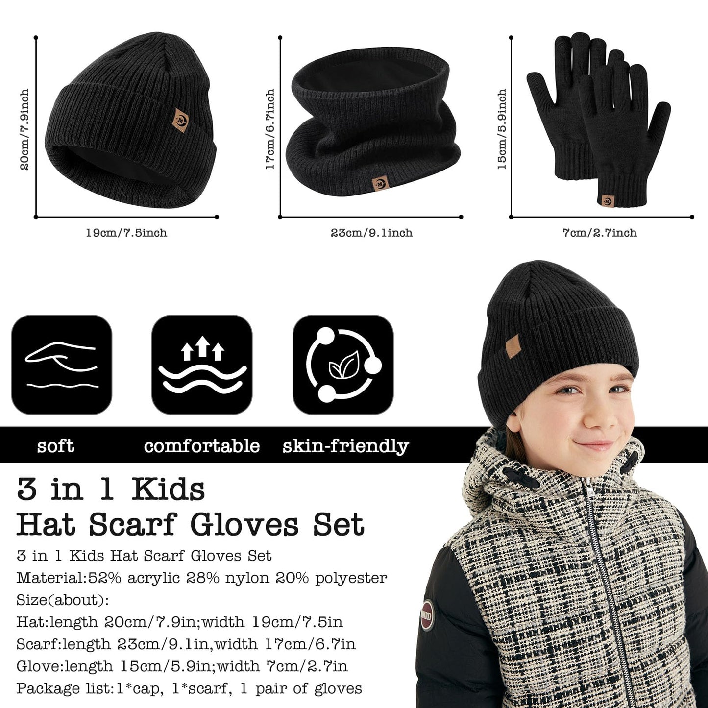 MARUKO Children's Winter Hat Scarf Gloves Set 3 in 1, Toddler Knitted Beanie Neck Warmer, Thick Fleece Thermal Knit Hat Scarf Gloves Set for Children Aged 2-8