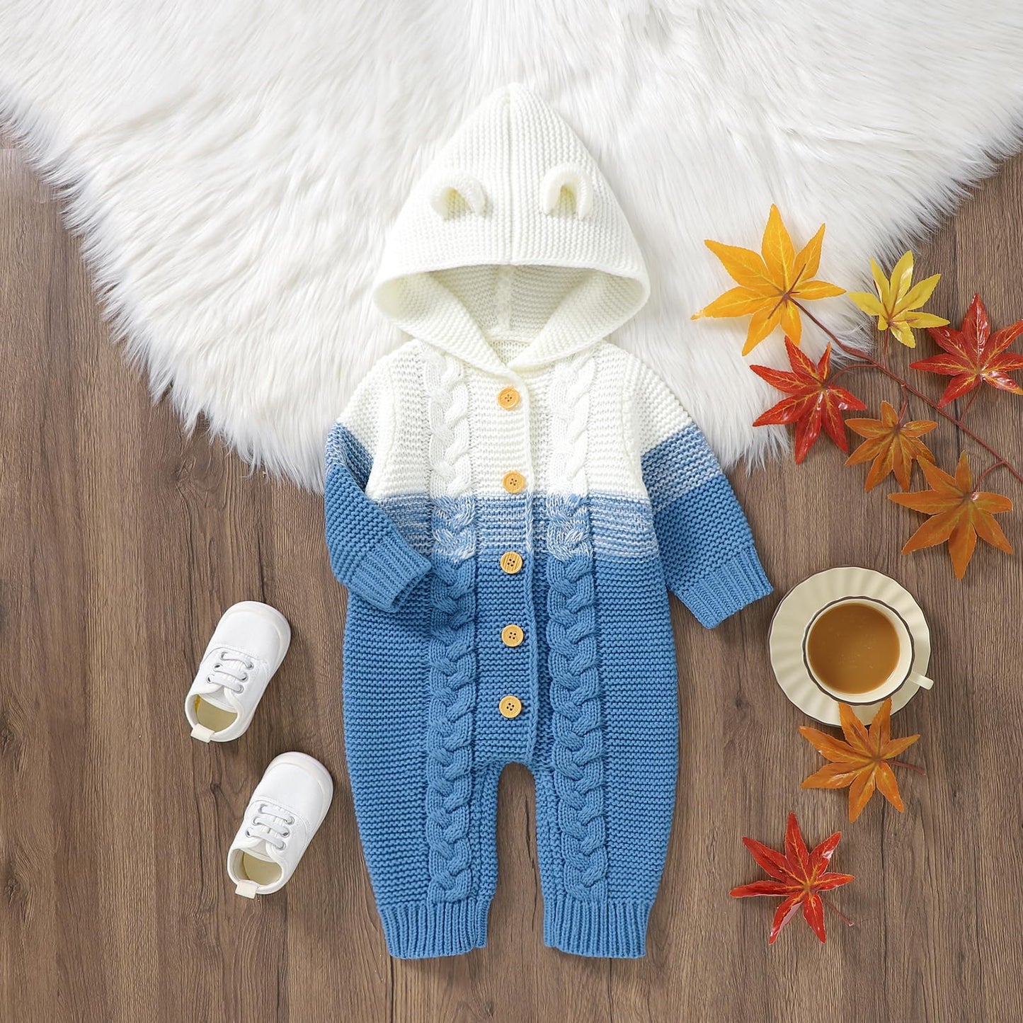 OBEEII Newborn Baby Knitted Romper Jumpsuit with Hood Ear Onesies Pullover Winter Warmer Onesie Bodysuit for Boys Girls