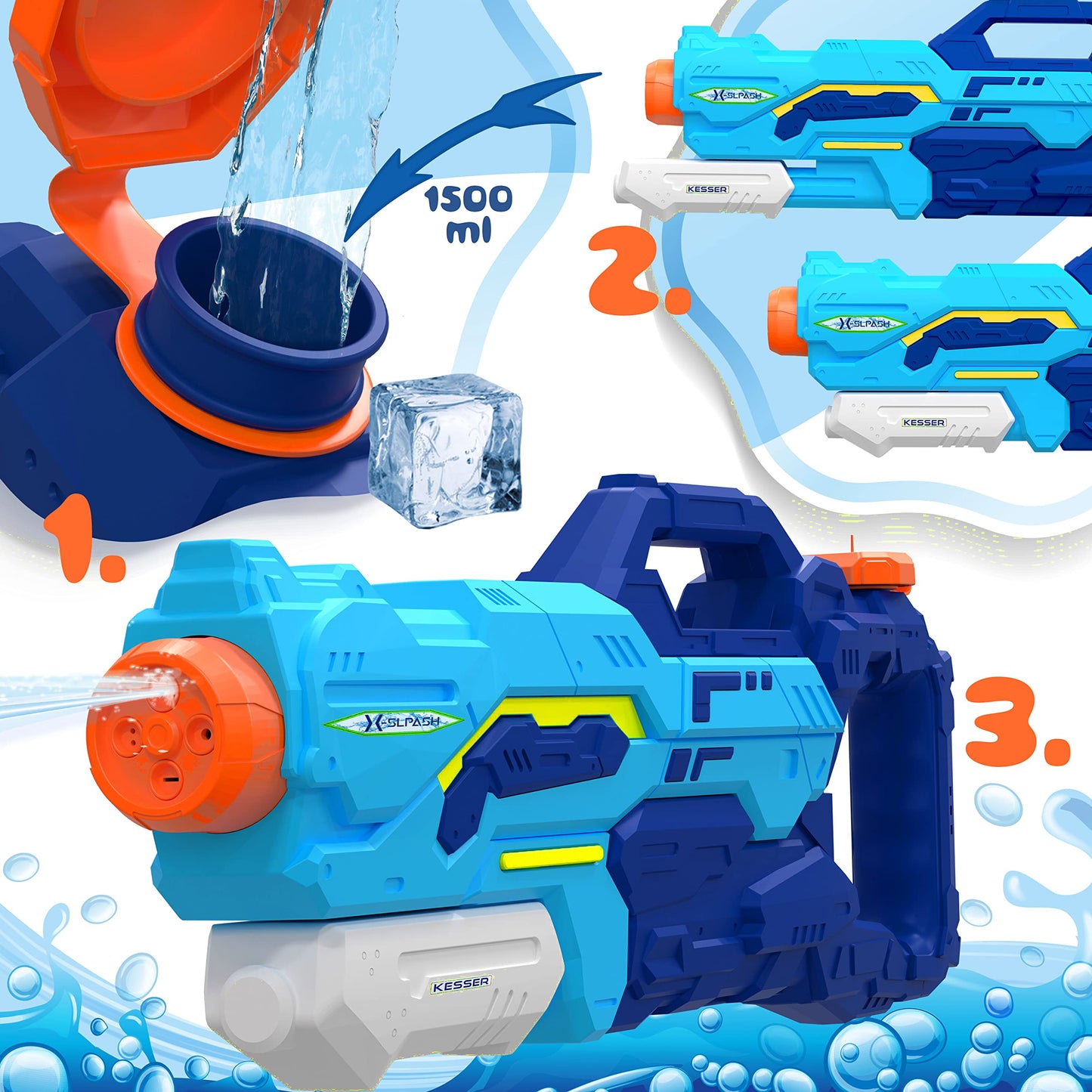 KESSER® Wasserpistole 2er Set Wasserpistolen Spritzpistolen Reichweite 10-11 Meter, Fassungsvermögen 1500ml Wasserspaß Strand Spielzeug im Freien für Kinder und Erwachsene Strandpool, Blau/Weiß