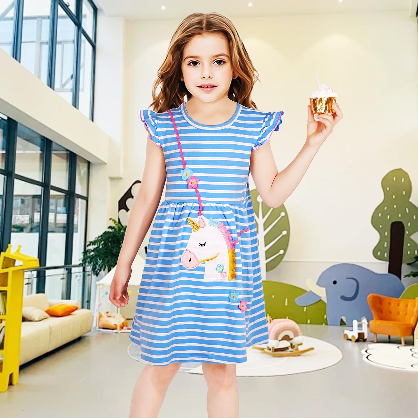 FILOWA Kleider für Mädchen Kinder Einhorn Blumen Stickerei Herz Druck Tier Sommerkleid Cartoon Kinderkleider Embroider Baumwolle Mädchenkleid Lange/Ärmellos Lässige Geburtstag Kinderkleidung,Gr.92-128