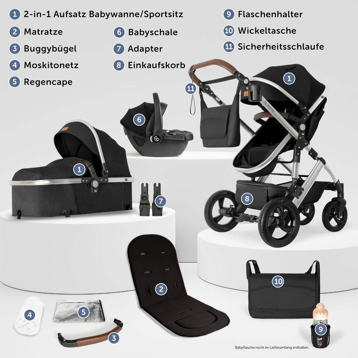 Bergsteiger Nizza 3 in 1 Kinderwagen, Kombikinderwagen Komplettset, Auto-Babyschale & Isofix Station, Babywanne & Buggy Sportsitz inklusive
