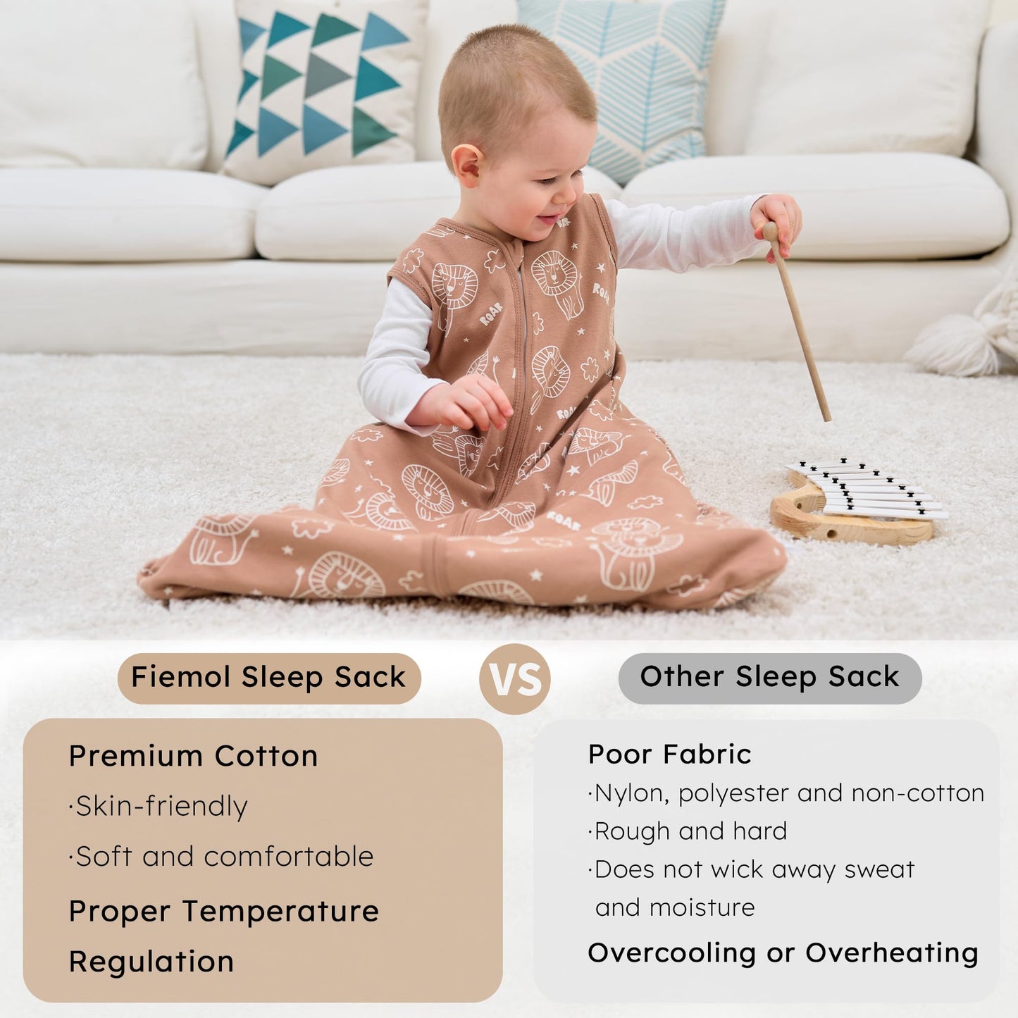 FIEMOL Baby Sleeping Bag 2.5 Tog 0-6 Months, Winter Cotton Newborn Baby Sleeping Bag, Wearable Blanket for Infants and Toddlers, 2-Way Zip Sleeping Bag, 67 cm, Rainbow