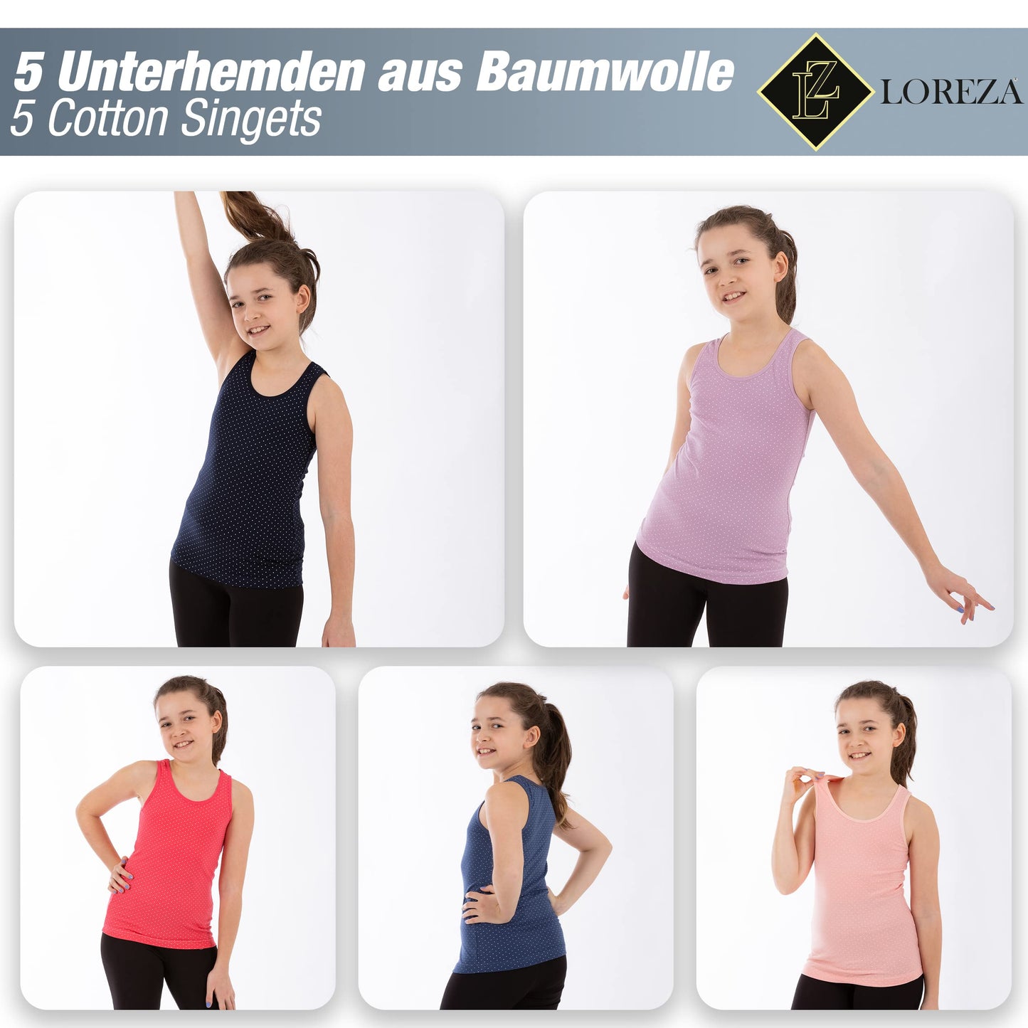 LOREZA ® 5 girls' cotton undershirts tank tops - sizes 92-170