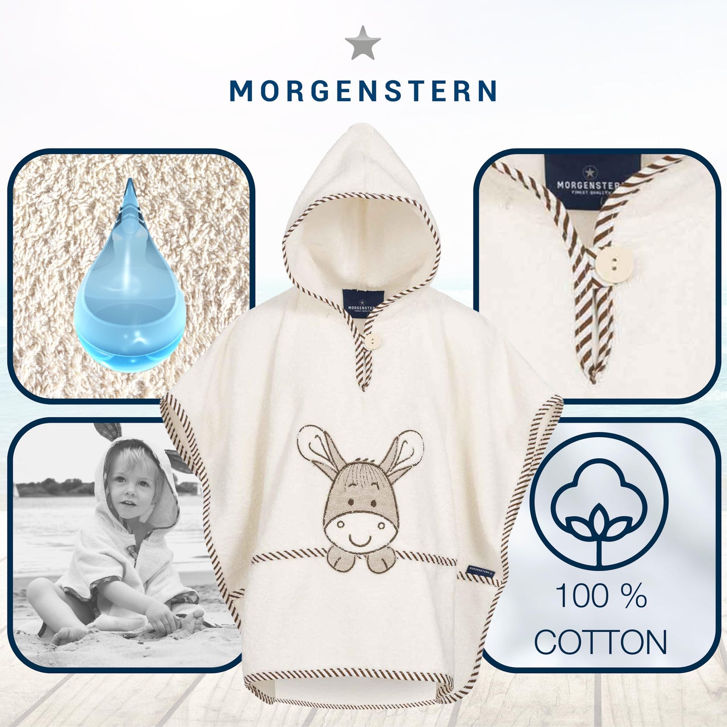Morgenstern Bath Poncho Children's Baby Girls Boys 100% Cotton Oeko-Tex Baby Bath Towel Hooded Towel Bathrobe Terry Cloth