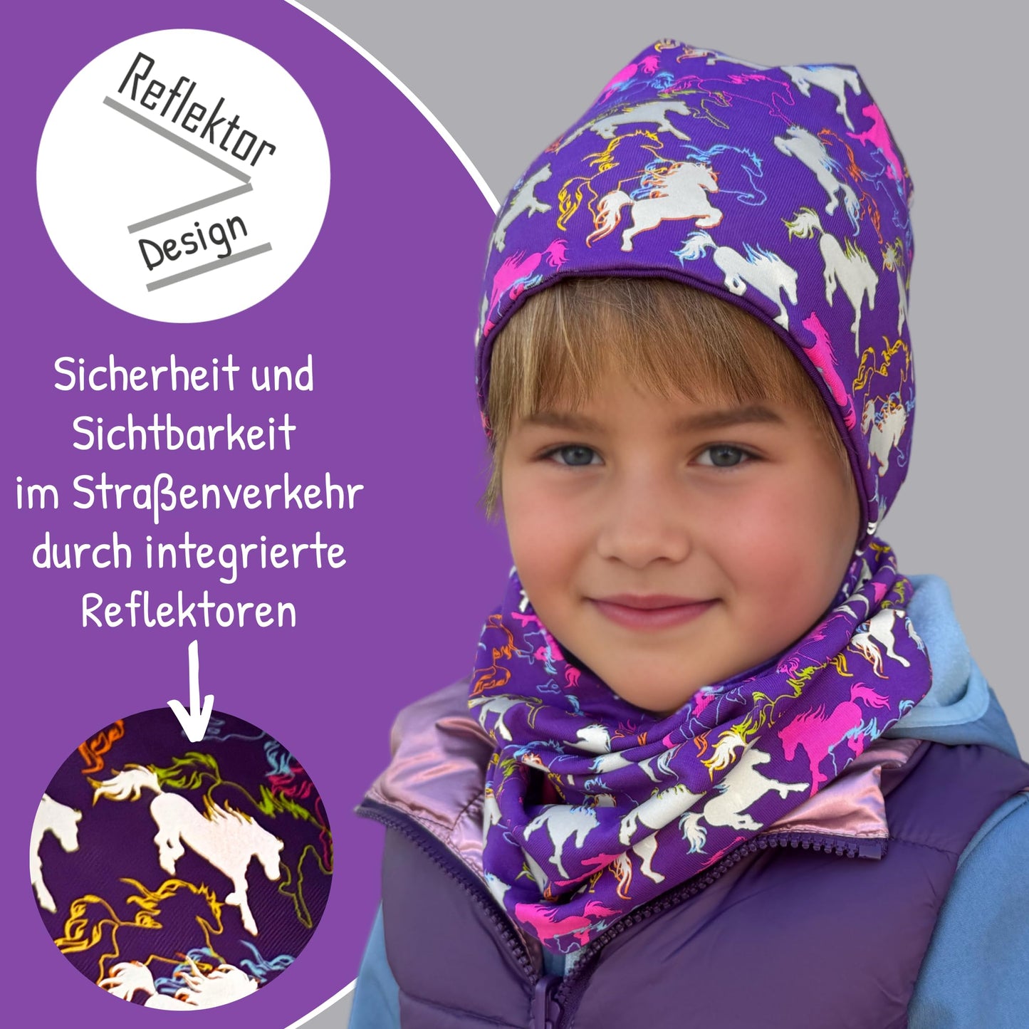 Heckbo 360° Reflector Children's Hat & Loop Scarf Set, Many Designs, 2–8 Years, 95% Cotton, Soft & Easy-Care Stretch Material, for Boys, Girls, Beanie for Spring, Summer, Autumn, Winter