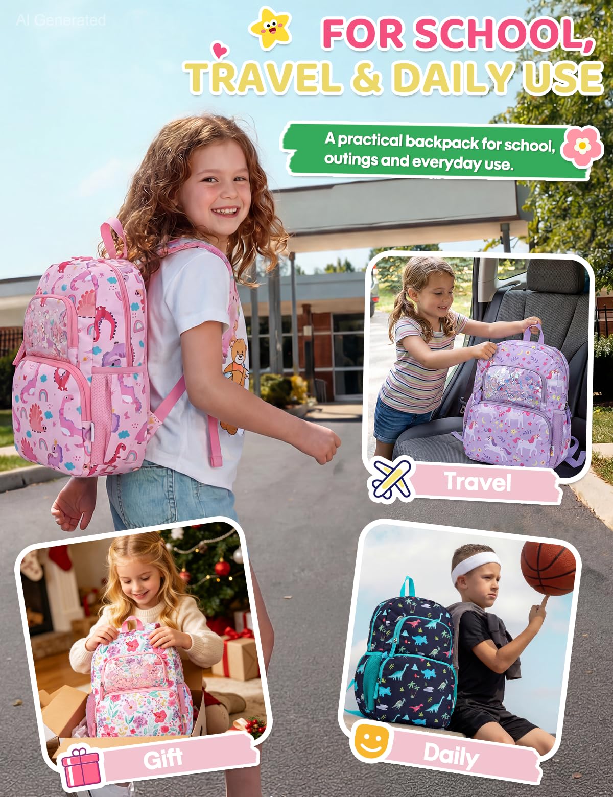 Kinderrucksack für Mädchen 5–8 Jahre, 12L Leichter & Wasserabweisender mit Brustgurt, Perfekt für Vorschule & Grundschule,Regenbogen