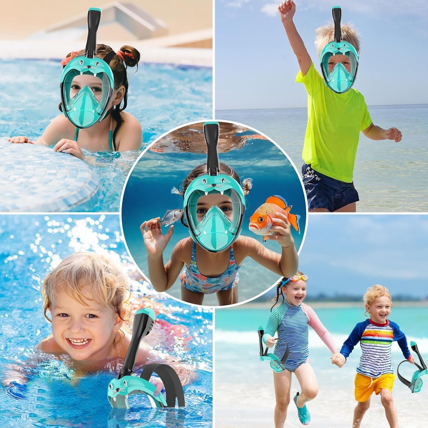 Schnorchelmaske Kinder Vollmaske – CO₂ sichere Tauchmaske ab 6 Jahren mit Anti-Beschlag, Anti-Leck, 180° Sichtfeld – Schnorchel Vollgesichtsmaske inkl. Silikon & Tragetasche