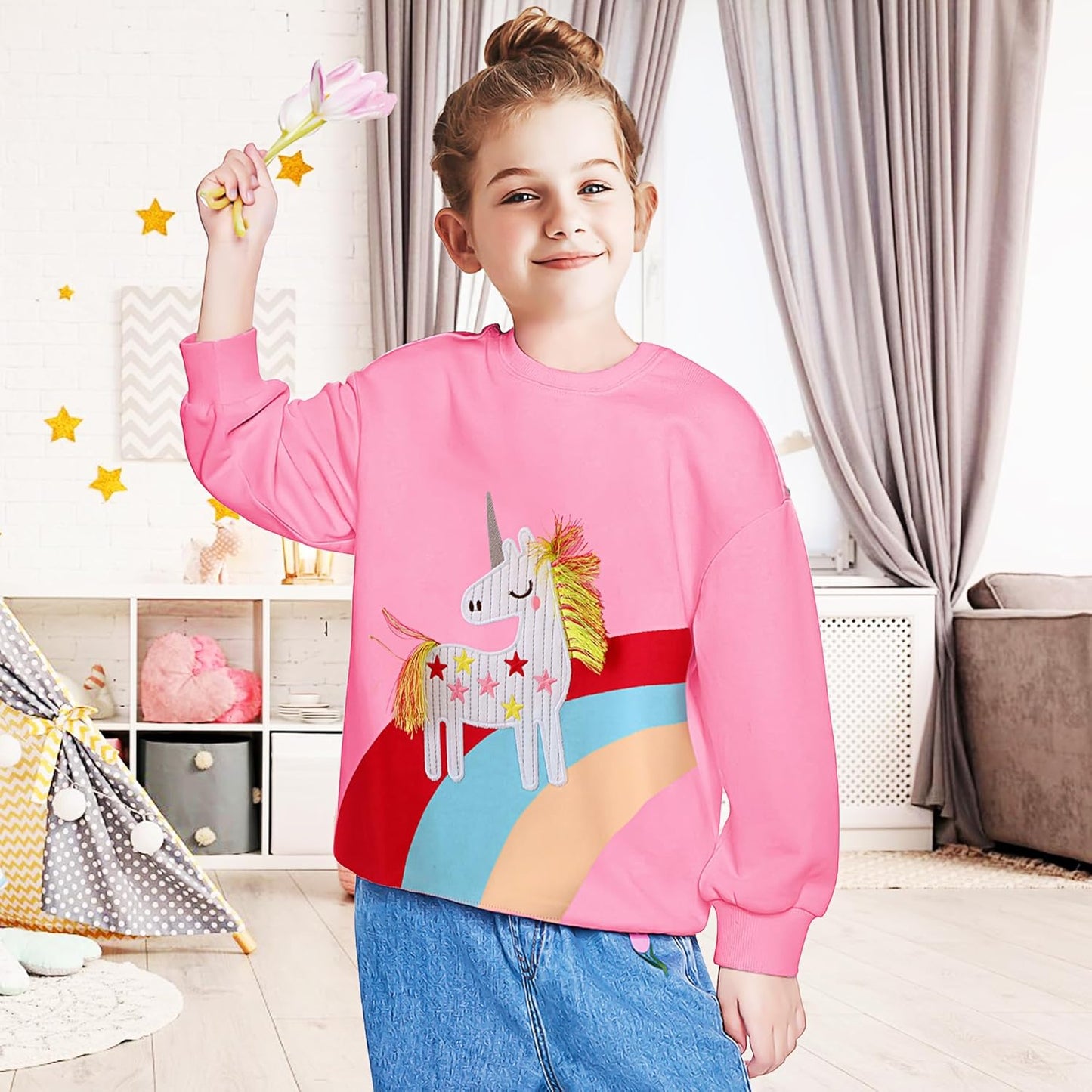 JinBei Sweatshirt für Mädchen Kinder Pullover Baumwolle Top Casual Jumper Kleinkind Langarmshirt Warme Kleidung, Alter 2-7 Jahre alt, Gr.92-122