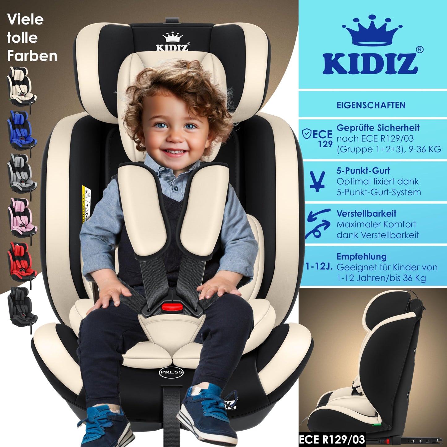 KIDIZ® Autokindersitz Kinderautositz Gruppe 1+2+3 9-36 kg 5-Punkt-Sicherheitsgurt, Autositz, Kindersitz, Einstellbare Kopfstütze, Mitwachsende Sitzerhöhung 1-12 Jahre, Stabil und Sicher