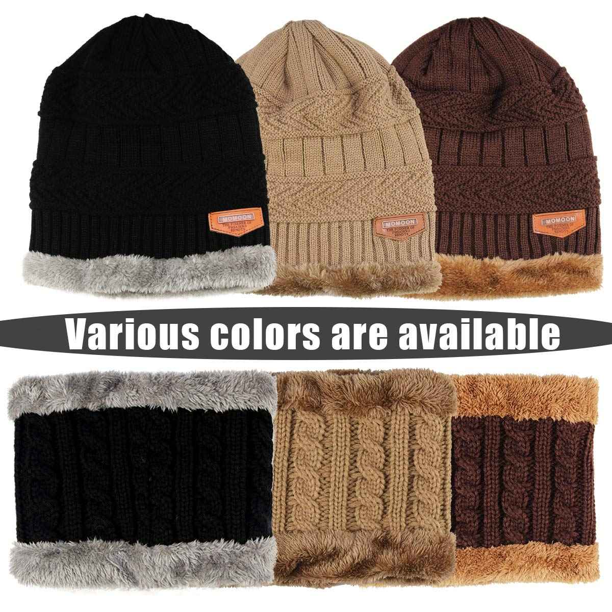 YR.Lover Momoon Dicke Beanie Hut +Schal Set Winter Warmen Schnee Knit Skull Cap für Kinder Jungen Mädchen