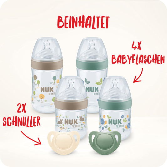 NUK for Nature Perfect Start Set Babyflasche und Schnuller 0−6 Monate 100 % natürliche Rohstoffe 4 x Flaschen (150 ml + 260 ml) 2 x Schnuller aus Silikon BPA-frei 6 Stück