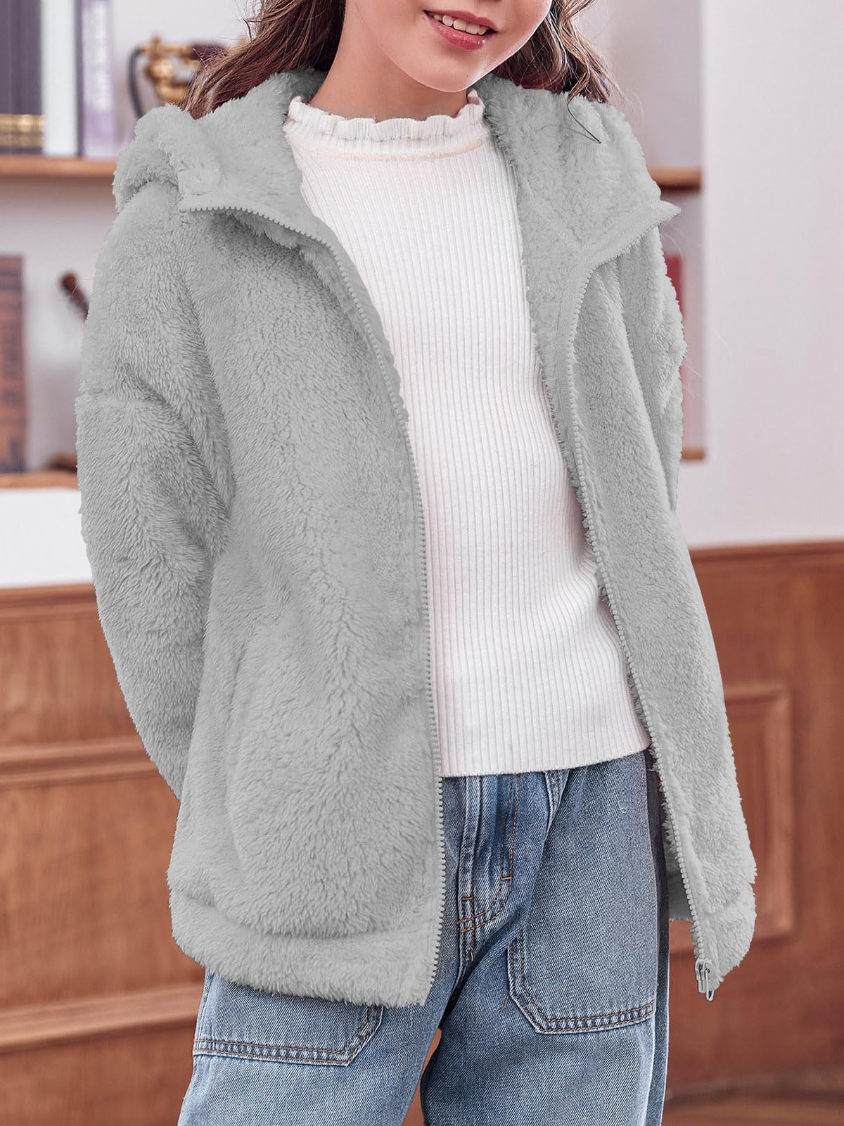 Haloumoning Girls' Fleece Jackets Kids Soft Fuzzy Hoodie Winter Coat Jacket