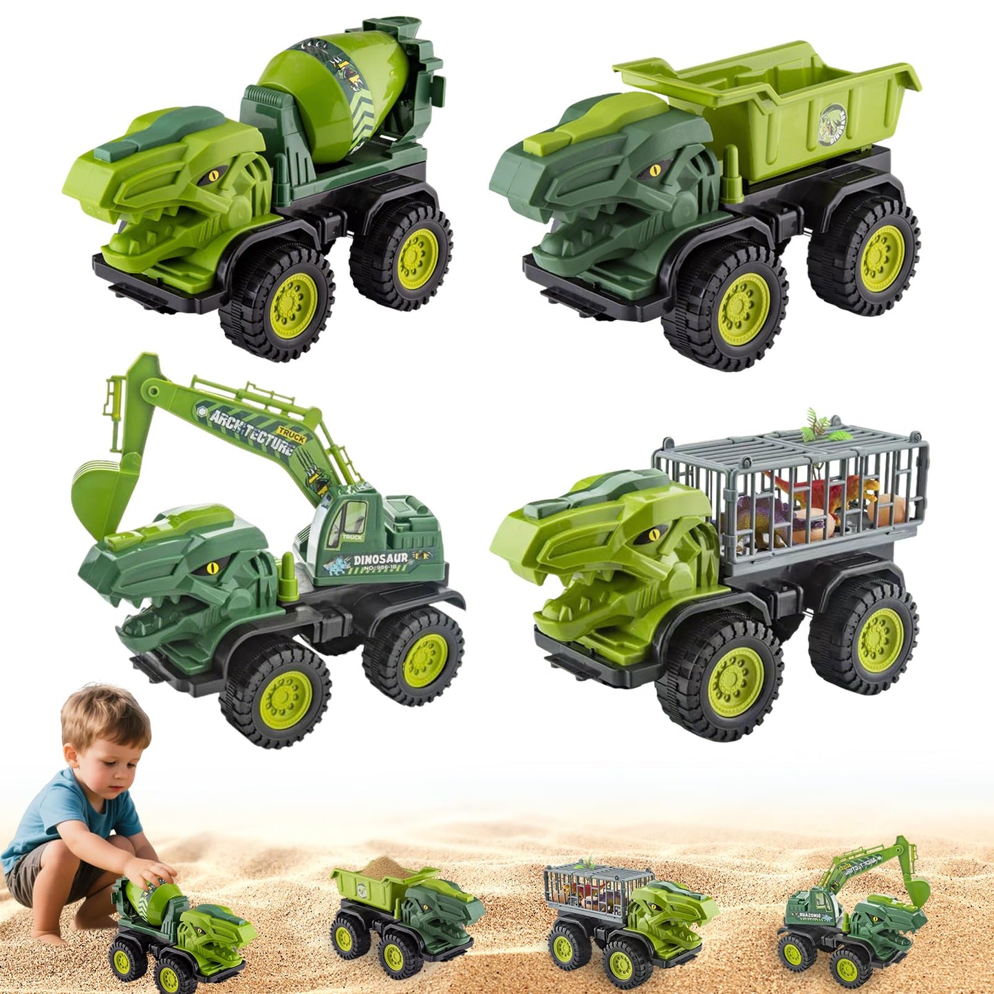 Baustellenfahrzeuge ab 3 Jahren, Set mit 3 Dinosaurier-Sandgruben-Spielzeugset mit Bagger, Transporter, Muldenkipper, robustem Sandspielzeugfahrzeugen Auto, geeignet als Sandspielzeug für Kinder ab 2+ (01)