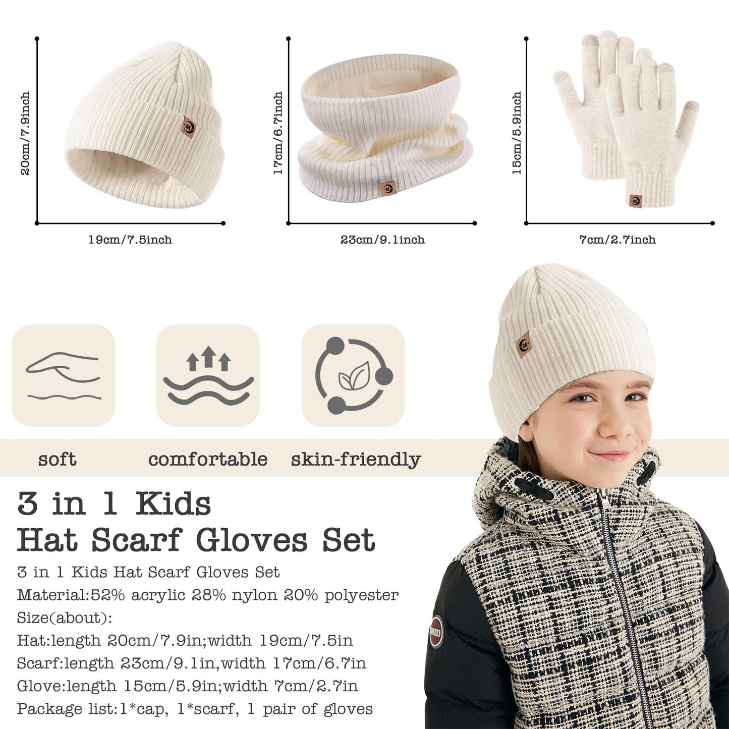 MARUKO Children's Winter Hat Scarf Gloves Set 3 in 1, Toddler Knitted Beanie Neck Warmer, Thick Fleece Thermal Knit Hat Scarf Gloves Set for Children Aged 2-8