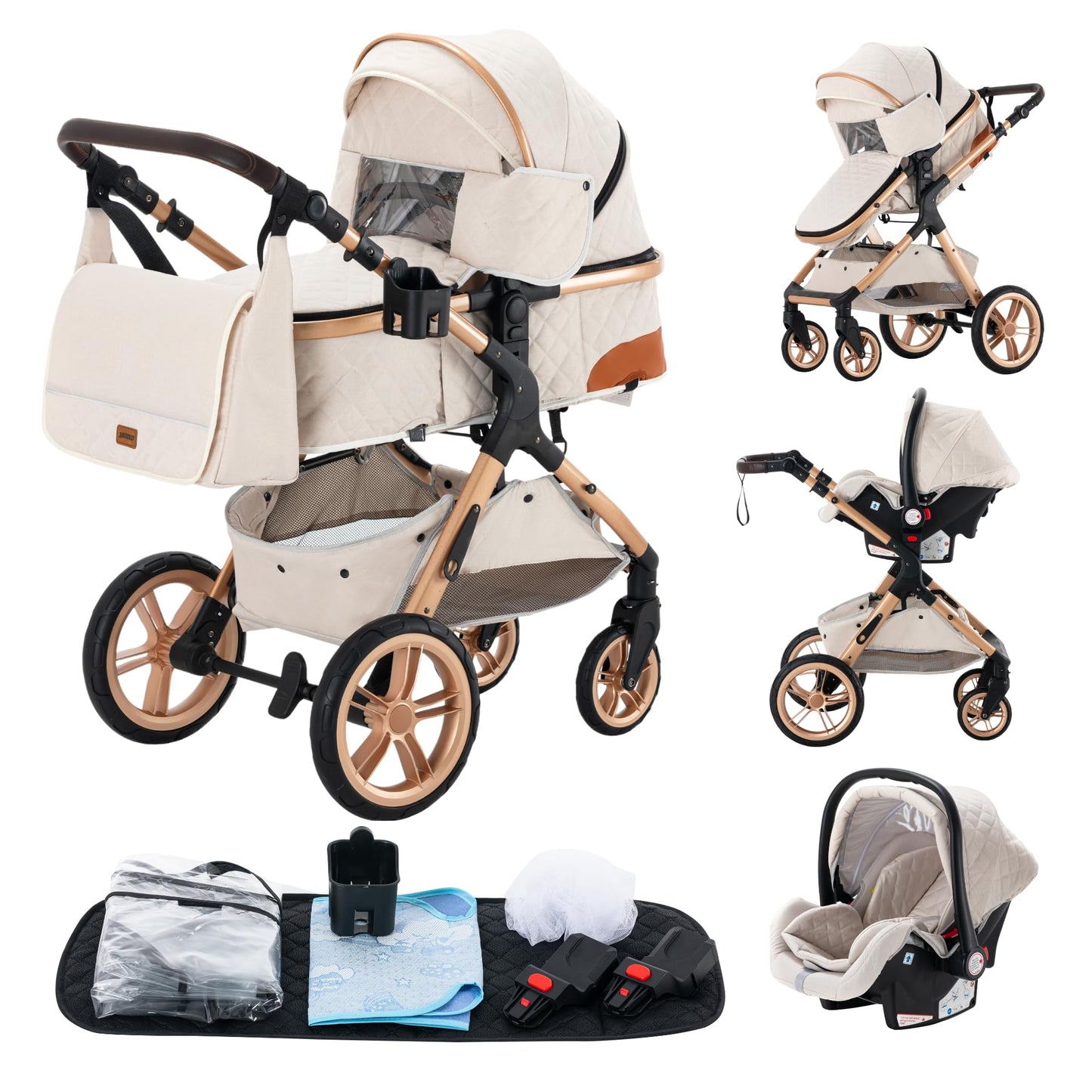 YAZOCO Kinderwagen 3 in 1 Buggy Babybett Komplett Set mit einem Klick Zusammenklappbarer Kinderwagen, KombiKinderwagen Aluminiumrahmen für Neugeborene Sitzzubehör - Meloni2