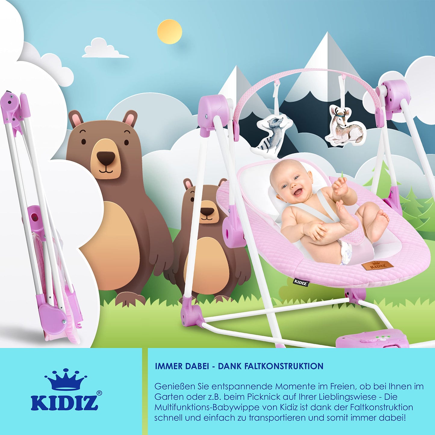 KIDIZ® Baby Rocker Baby Swing with 5 Speed Settings Foldable Baby Rocker Swing Baby High Chair with Play Arch Toys 5 Soothing Natural Sounds Newborn Anthracite