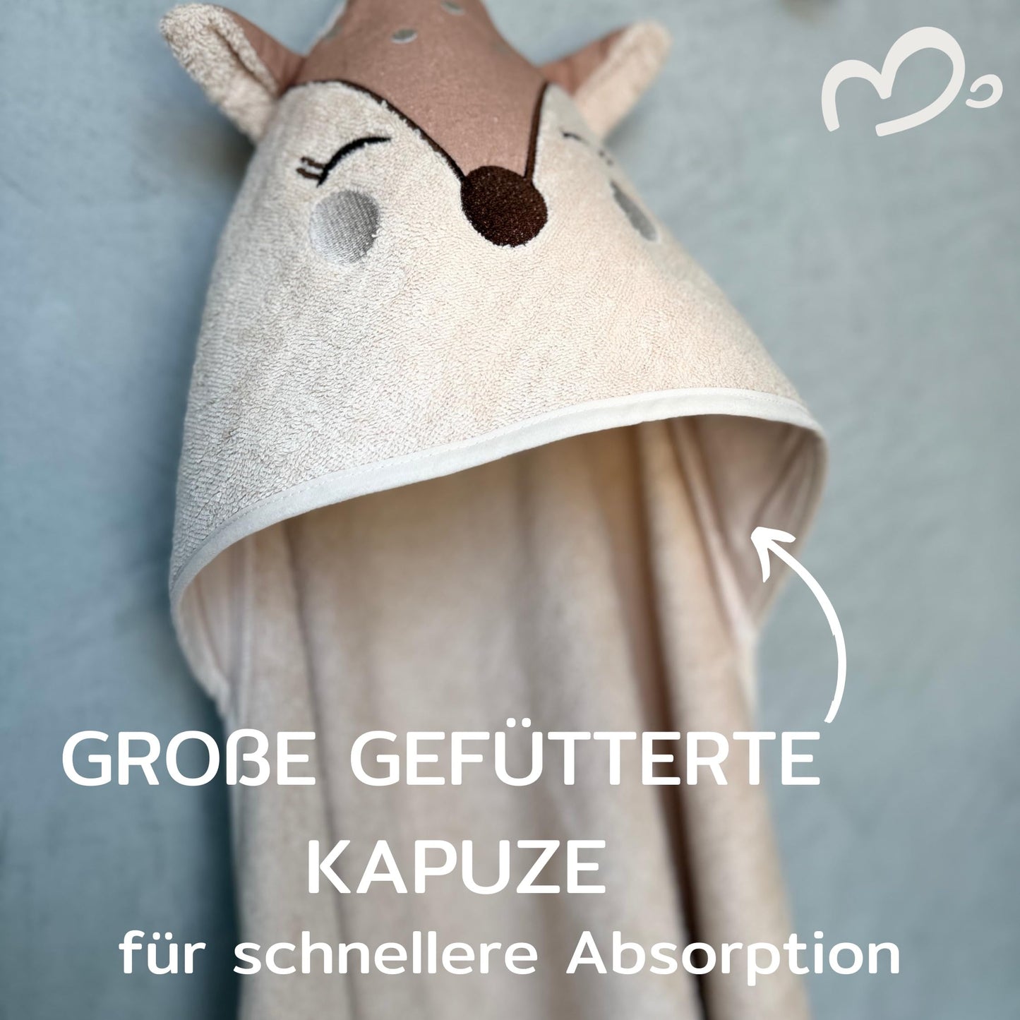 MIRARI Kids Babyhandtuch mit Kapuze und Waschlappen 100x100 cm – Handtuch Rentier aus 100% Baumwolle - REH Badetuch mit Kapuze - Geschenk Geburt - Baby Erstausstattung Neugeborenen Set