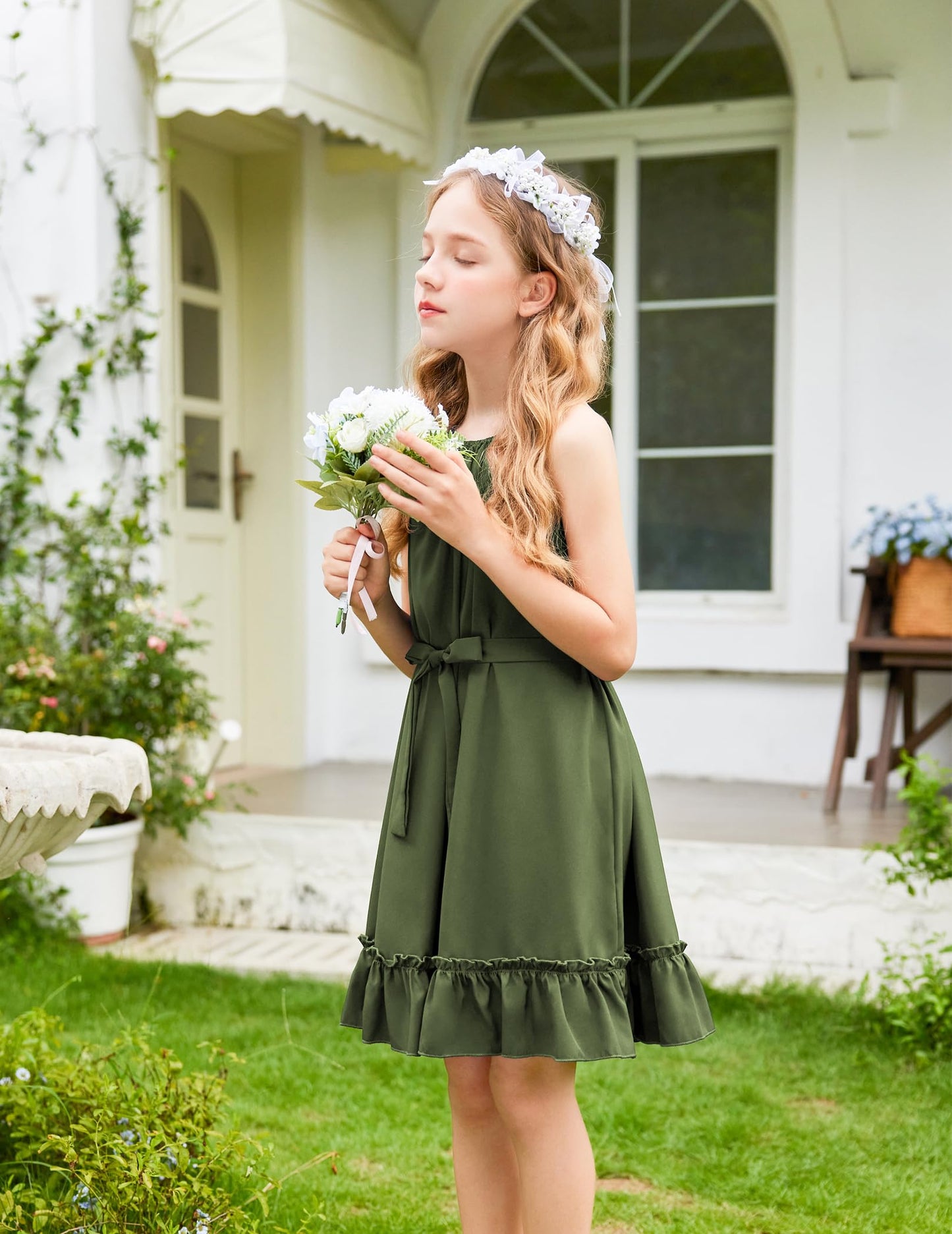 Arshiner Mädchen Kleid Neckholder Sommerkleid Rüschensaum Midikleid A-Linie Kinderkleid Swing Partykleider Abendkleid Kinder Festliche Kleider Freizeitkleid mit Gürtel 6-14 Jahre