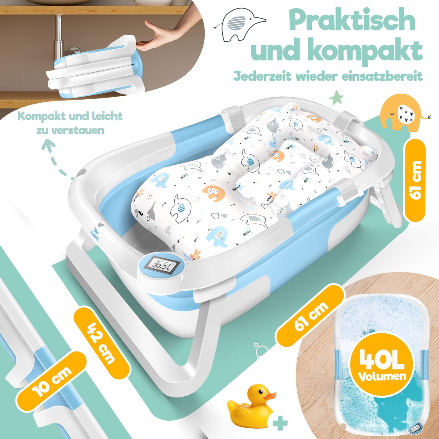 KIDIZ® Baby Bathtub, Baby Bathtub, Space-Saving & Foldable, Bath Tub, Shower Tray for Newborns, Toddlers, 0-24 Months, Portable Travel Shower for Babies, Ergonomic Bathtub with Thermostat and