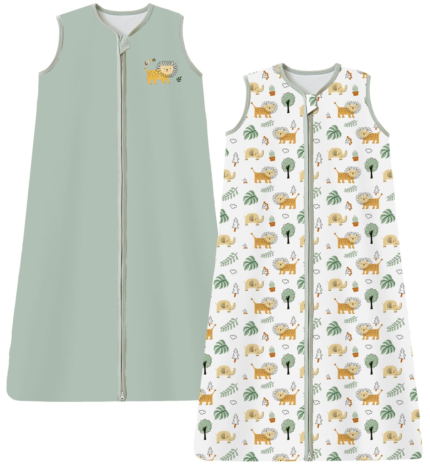 Chilsuessy Children's Sleeping Bag 1.5 Tog Pack of 2 Baby Sleeping Bag Made of 100% Cotton, Baby All-Year Sleeping Bag Pyjamas for Boys and Girls, 1.5 Tog/Elephant Lion + Green, 110 cm / Baby Height