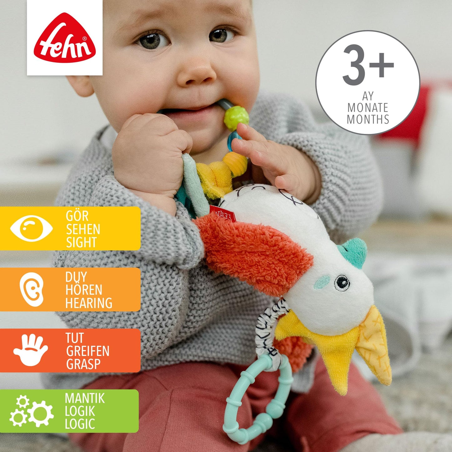 Fehn Activity-Spieltier Teddy – Baby Motorikspielzeug für Kinderwagen, Kinderbett und Babyschale zum Beißen, Greifen und Geräusche erzeugen – Beißring Spielzeug für Babys und Kinder ab 0+ Monaten