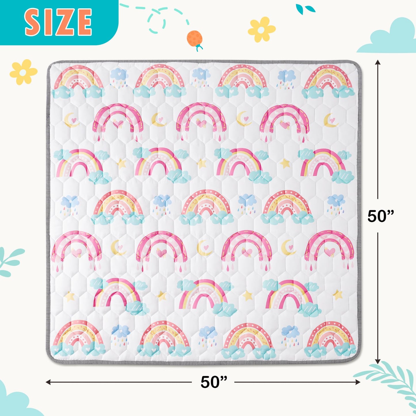 NiBaby Baby Krabbelmatte 127x127cm, Faltbare Spielmatte für Baby mit Rutschfeste Unterseite, Hypoallergen und Sicher für Babys, Krabbeldecke Baby Ideal für Innen und Außen(Regenbogen)