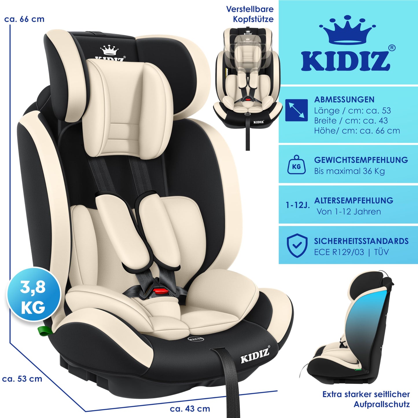 KIDIZ® Autokindersitz Kinderautositz Gruppe 1+2+3 9-36 kg 5-Punkt-Sicherheitsgurt, Autositz, Kindersitz, Einstellbare Kopfstütze, Mitwachsende Sitzerhöhung 1-12 Jahre, Stabil und Sicher