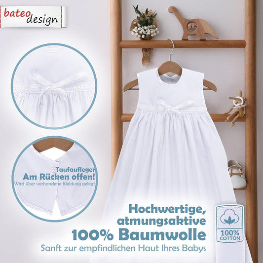 Weiße Baumwolle Taufe Topper mit Kordelzug Spitze und Satin Band - Perfekt für Jungen und Mädchen Unisex Tauf Cape, Schleife weiß