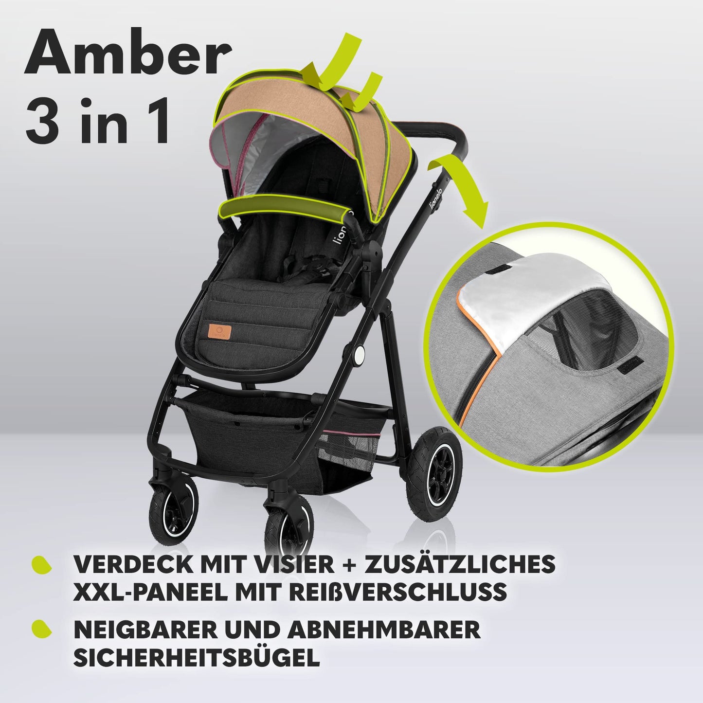 LIONELO MERIL 3-in-1 Multifunktionaler Kinderwagen 0-48 Monate Bis zu 22 kg, Babywanne bis zu 9 kg, Kindersitz bis zu 13 kg, Geländeräder 360°, Vollfederung, XXL-Verdeck mit UPF50+ - Meloni2