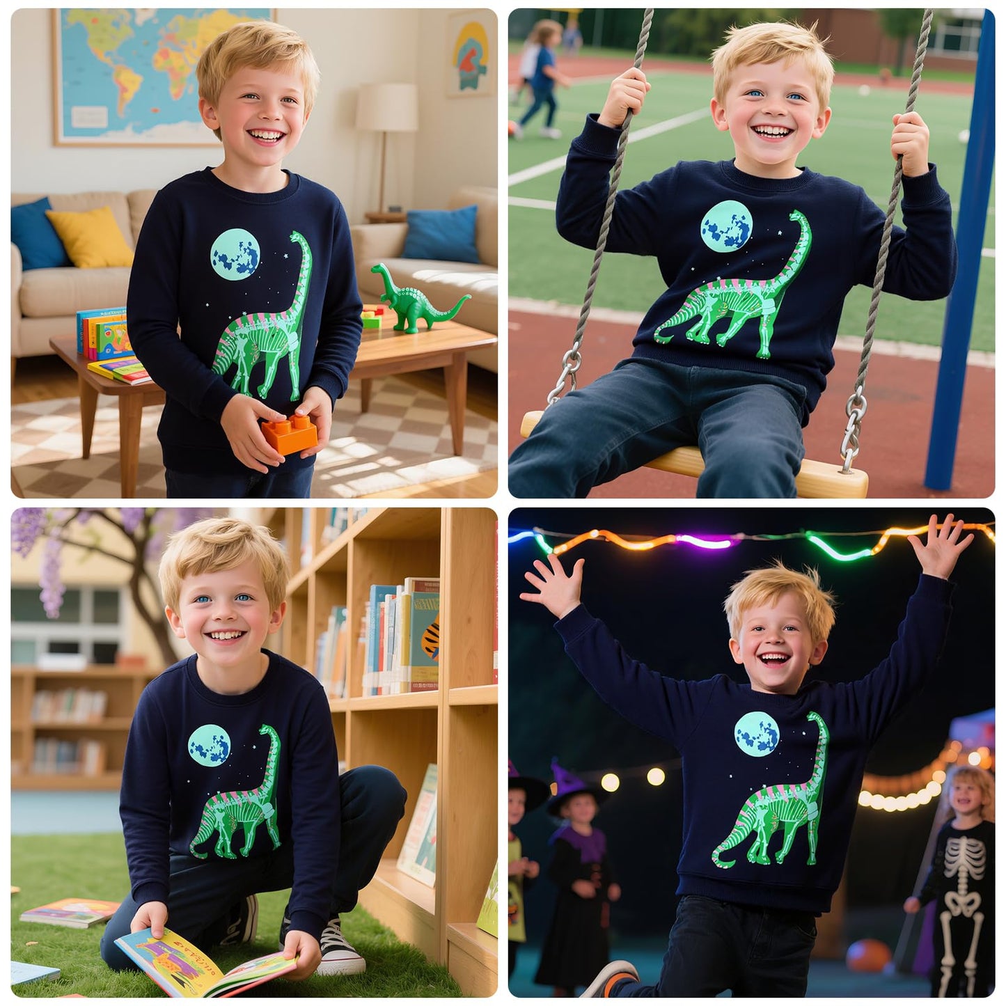 FILOWA Sweatshirt Kinder Junge Leuchtet im Dunkeln Dinosaurier Sweatshirt Astronauten Drucken Pullover Sport Marineblau Langarm Warm Baumwolle Top Jogging Sweatshirt 2-7 Jahre,Gr.92-122