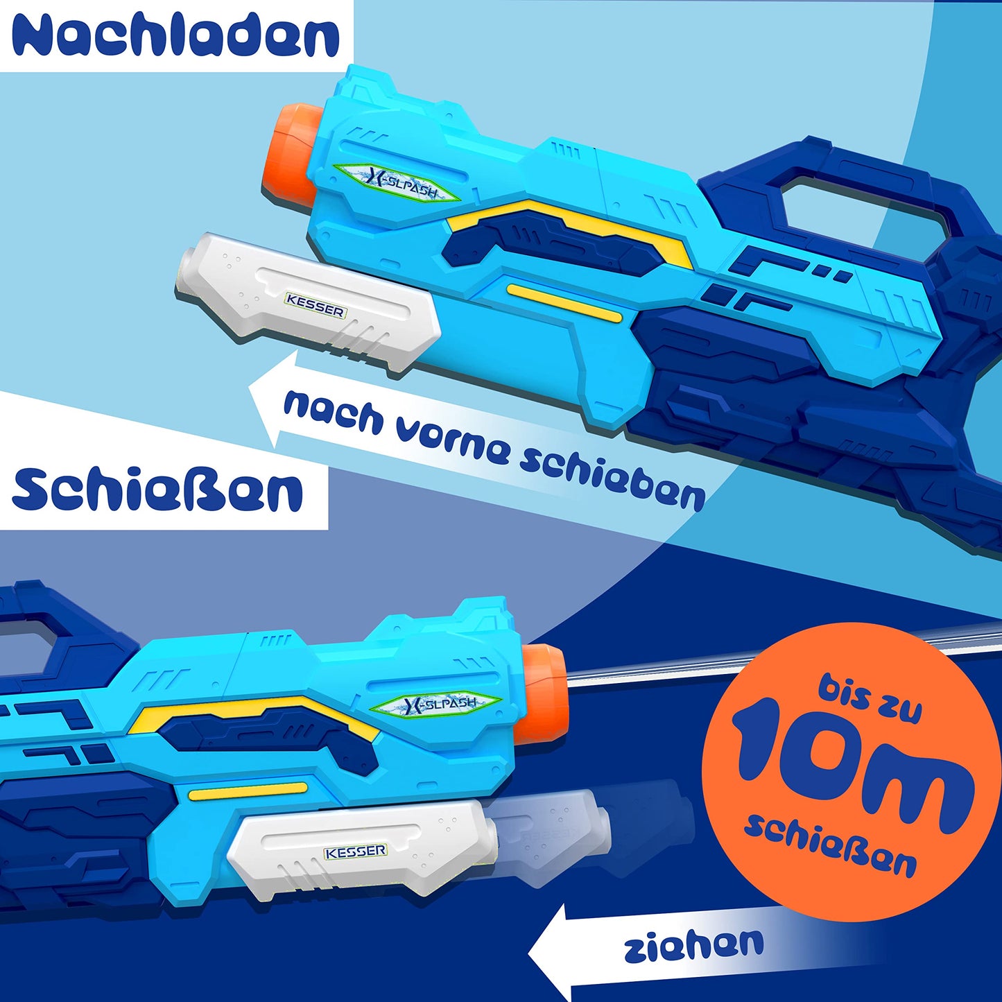 KESSER® Wasserpistole 2er Set Wasserpistolen Spritzpistolen Reichweite 10-11 Meter, Fassungsvermögen 1500ml Wasserspaß Strand Spielzeug im Freien für Kinder und Erwachsene Strandpool, Blau/Weiß