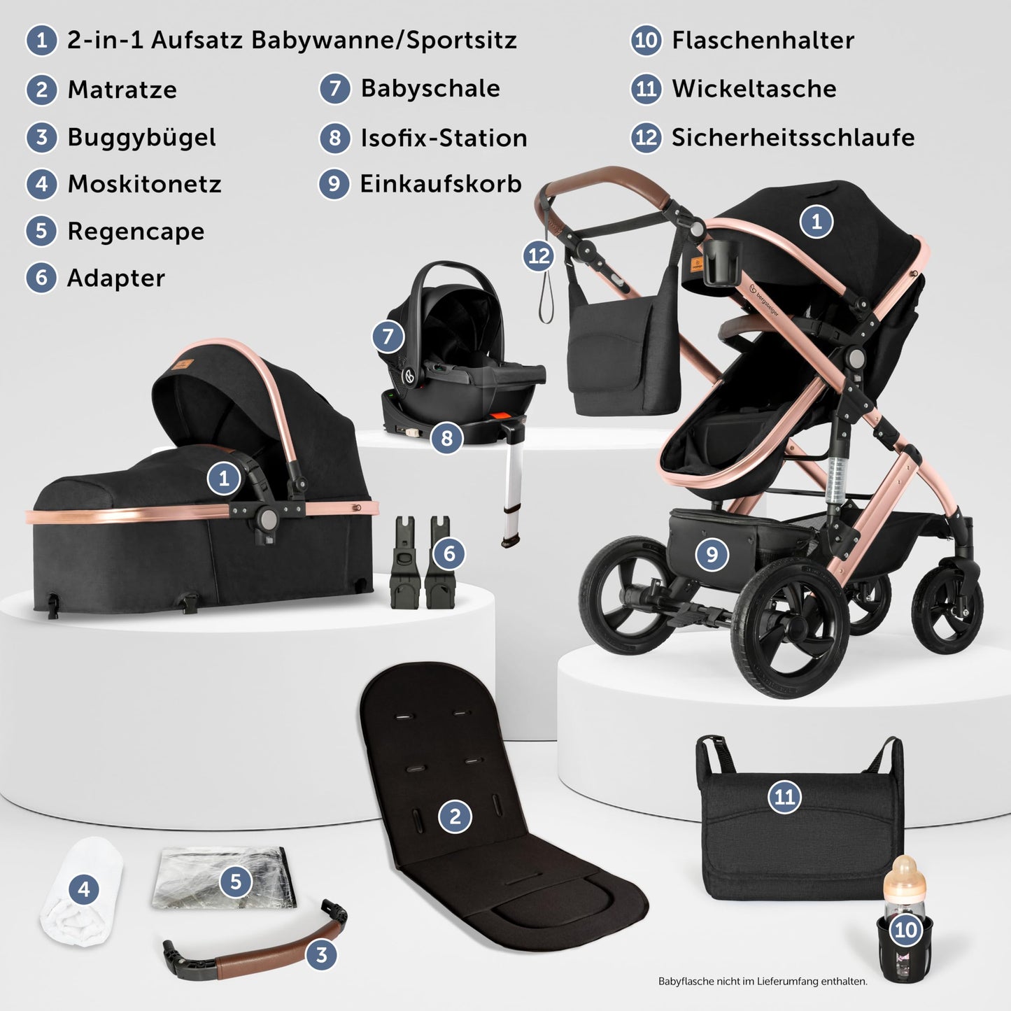 Bergsteiger Nizza 3 in 1 Kinderwagen, Kombikinderwagen Komplettset, Auto-Babyschale & Isofix Station, Babywanne & Buggy Sportsitz inklusive