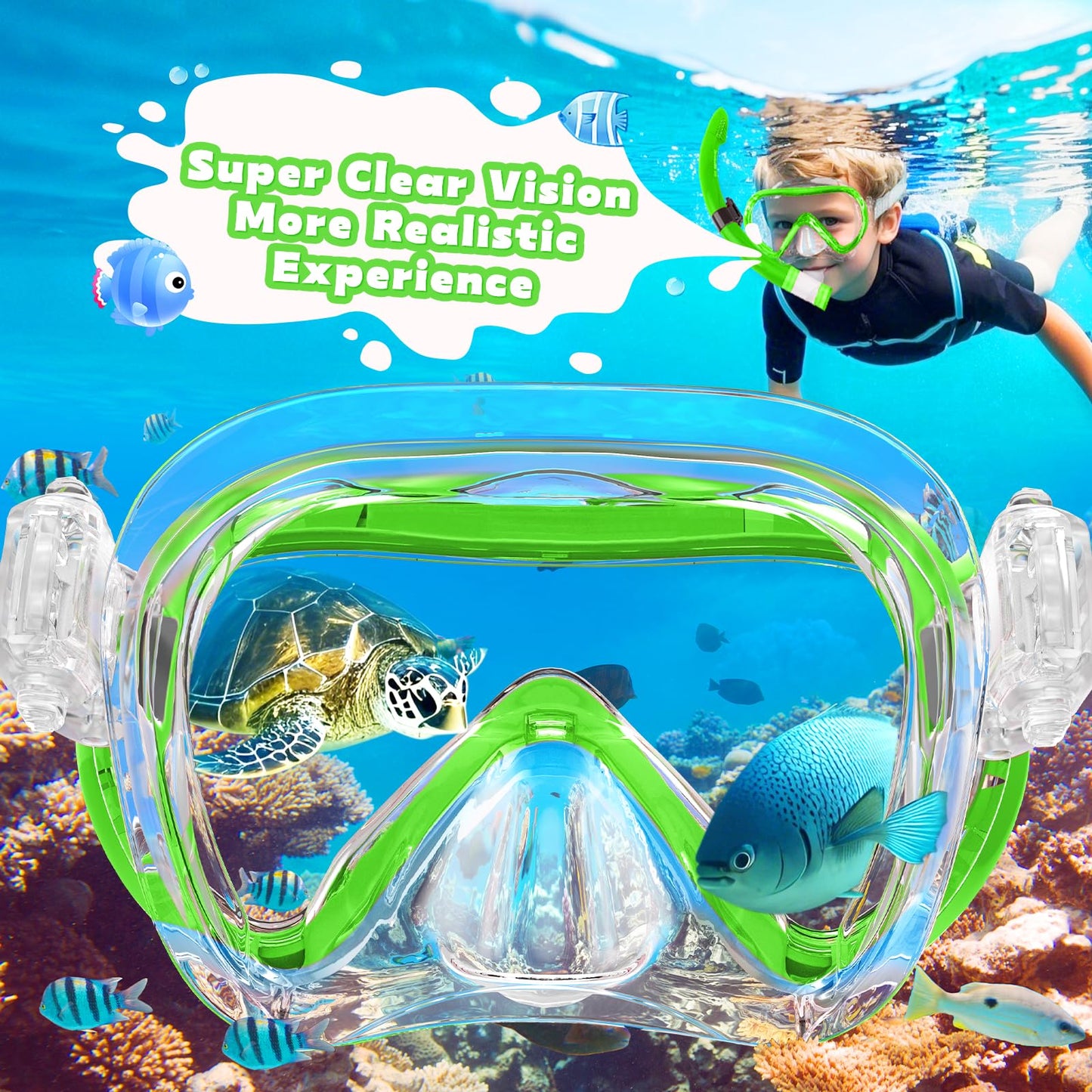 SkrekuiMa Taucherbrille Kinder | Schwimmbrille Kinder Schnorchelmaske Anti-Fog Anti-Leck | Tauchmaske Kinder 180°Panorama HD Tempered Glas für Kinder 4-12 Jahre Jungen Mädchen