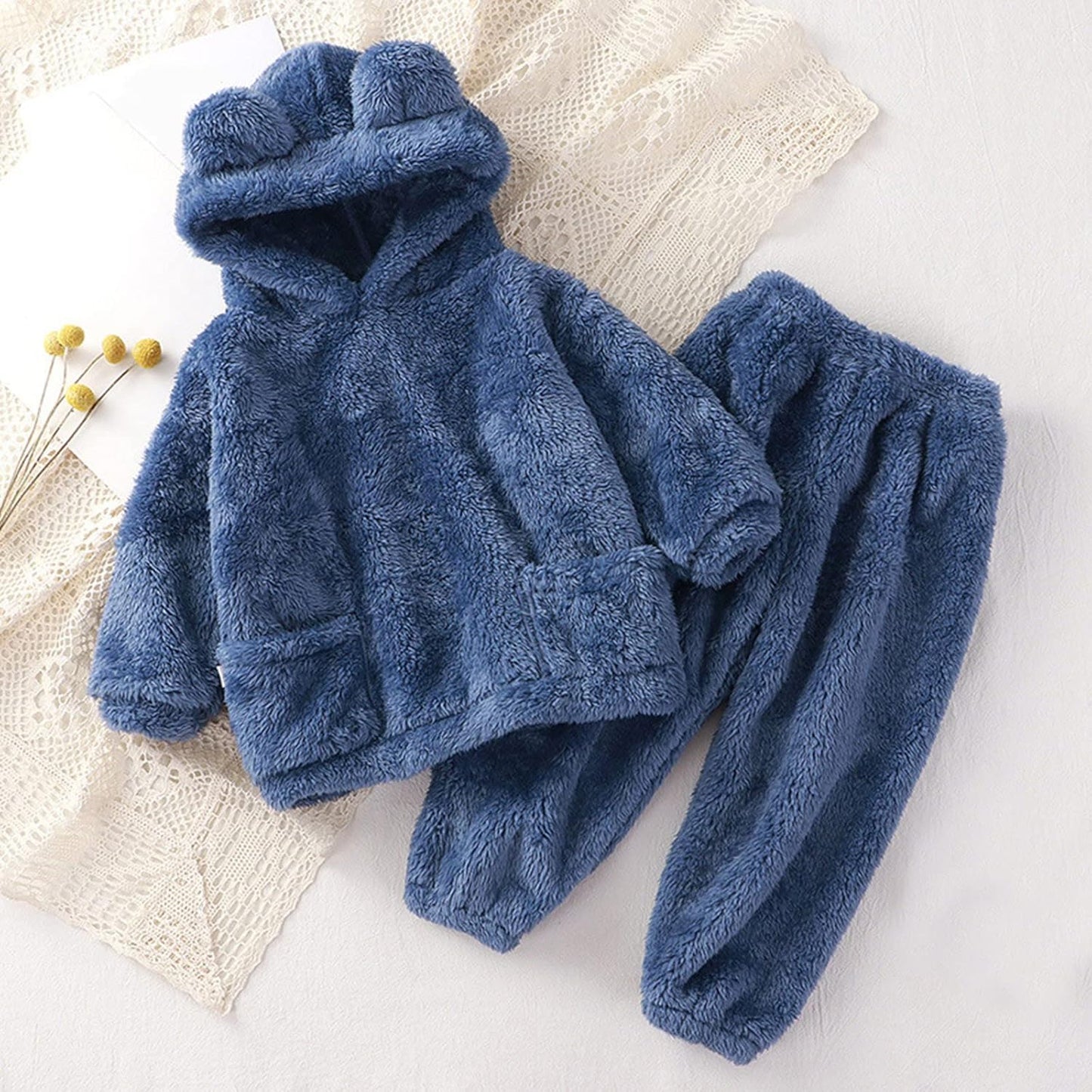 Fccrian Kleinkind Kinder Baby Mädchen Jungen Kleidung Winter Warm Kapuze Ohr Sweatshirt Tops und Hosen 2-teiliges Herbst-Outfits Pyjama Nachtwäsche Set Baby Pyjama einfarbig
