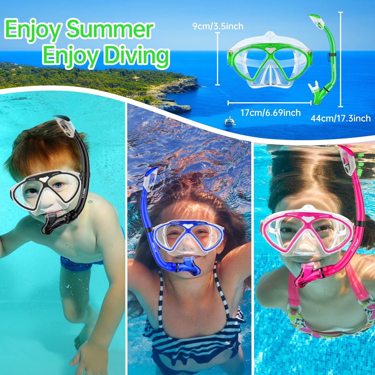 JEMULICE Taucherbrille Kinder, Schwimmbrille Kinder Schnorchelmaske für Jungen Mädchen, Tauchmaske mit Nasenabdeckung 180°Panorama HD Anti Nebel Anti-Leck Schwimmmaske für Kinder 4-16 Jahre