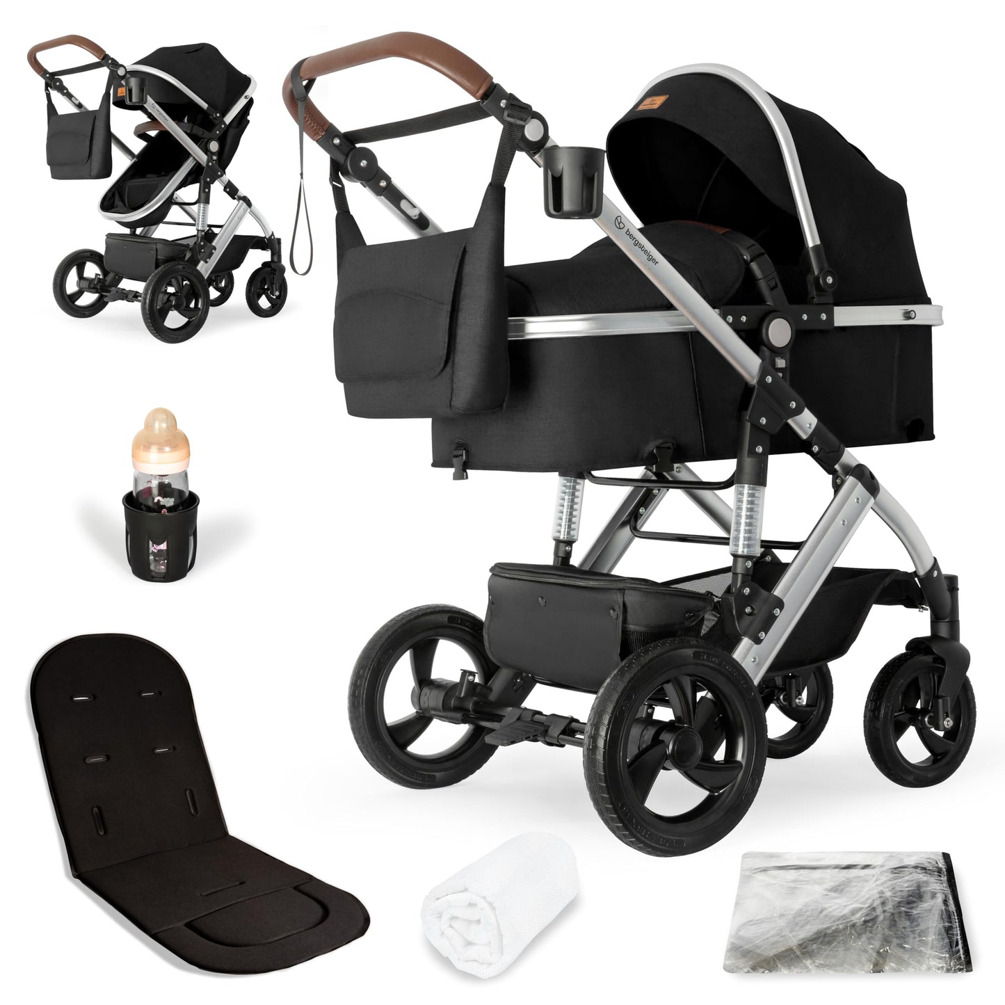 Bergsteiger Nizza 3 in 1 Kinderwagen, Kombikinderwagen Komplettset, Auto-Babyschale & Isofix Station, Babywanne & Buggy Sportsitz inklusive