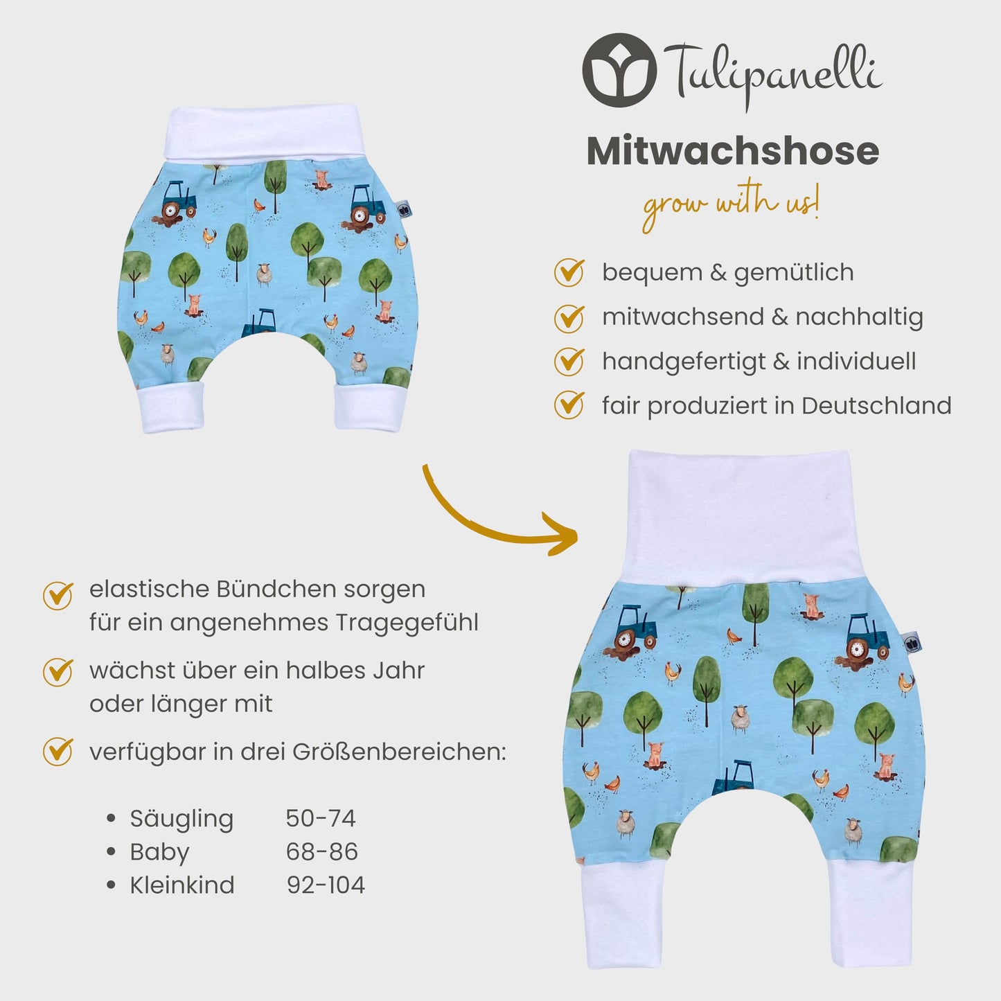 Handmade Baby Baggy Trousers, Handmade Cotton Jersey Grows with Your Gown, Sizes 50-74, 68-86, 92-104, Fairly Produced in Germany (Sea Creatures, 50-74)