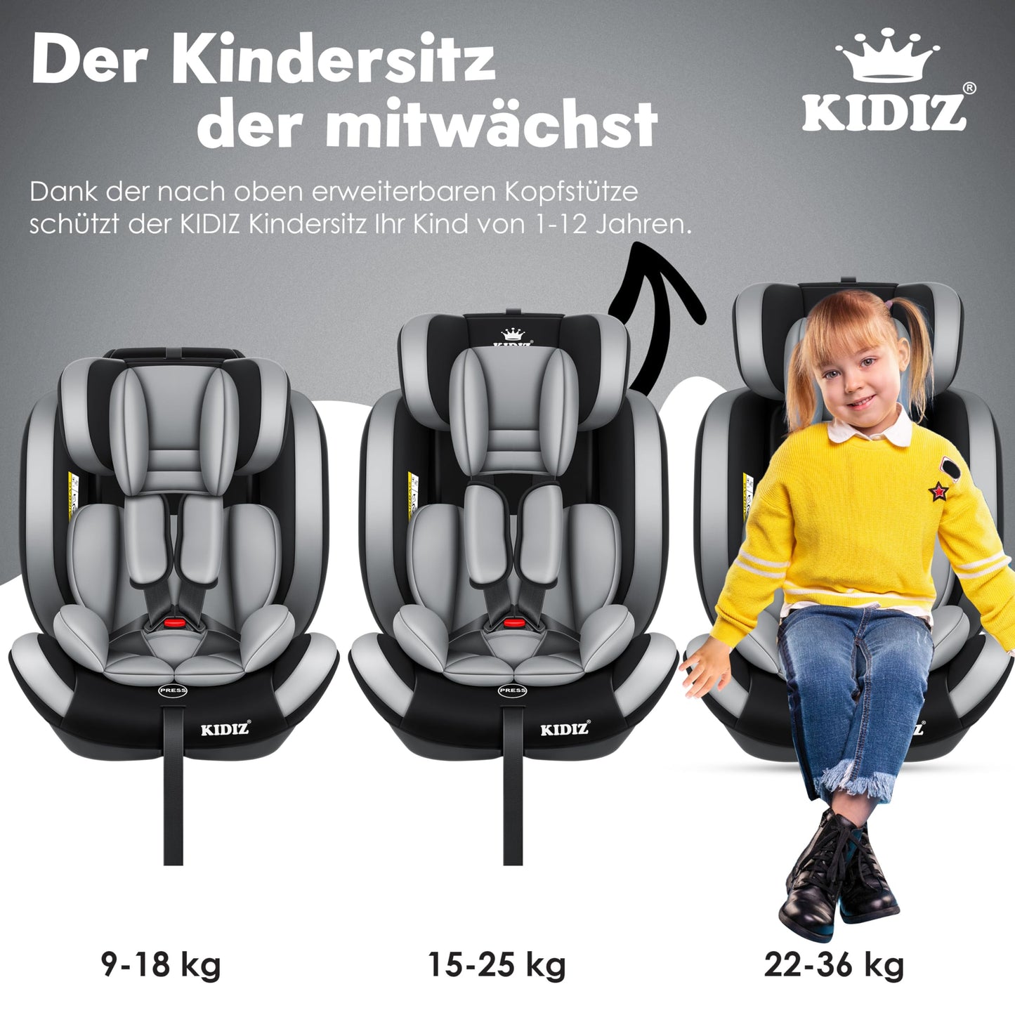 KIDIZ® Autokindersitz Kinderautositz Gruppe 1+2+3 9-36 kg 5-Punkt-Sicherheitsgurt, Autositz, Kindersitz, Einstellbare Kopfstütze, Mitwachsende Sitzerhöhung 1-12 Jahre, Stabil und Sicher