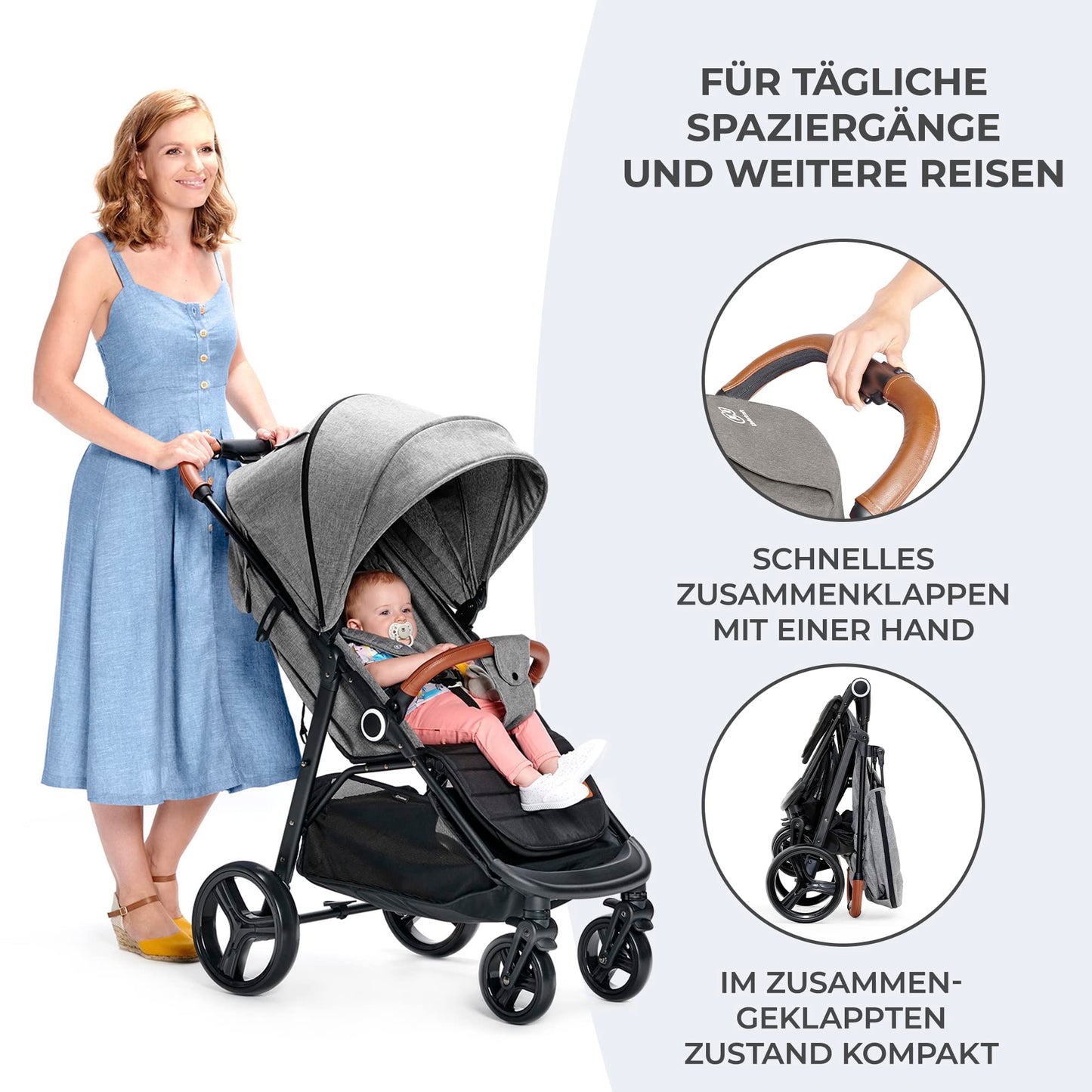 Kinderkraft GRANDE PLUS Kinderkraft Buggy von Geburt bis 22 kg, Zusammenklappen mit einer Hand, Liegeposition, großes Verdeck mit Fenster, alle 4 Räder gedämpft, geräumige Sitz, Grau - Meloni2