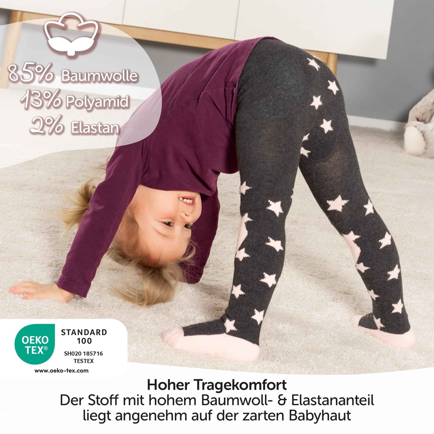 LaLoona Baby Crawling Tights with ABS Sole - Elastic Children's Tights with Non-Slip Nubs - Stars / Pink