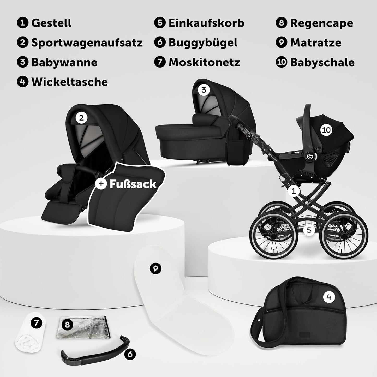 Bergsteiger Venice Nostalgia 3-in-1 Combination Pushchair - Baby Carrier, Sports Seat & i-Size Baby Seat, Pneumatic Tyres, Suspension, Height-Adjustable Handle, Foldable, Accessories