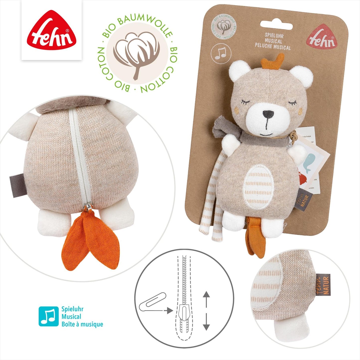 Fehn Mini-Spieluhr Otter – Kuscheltier & Einschlafhilfe: Aufzieh-Spieluhr mit sanfter Melodie Brahms Wiegenlied beruhigt in jeder Situation – für Babys und Kleinkinder ab 0+ Monaten