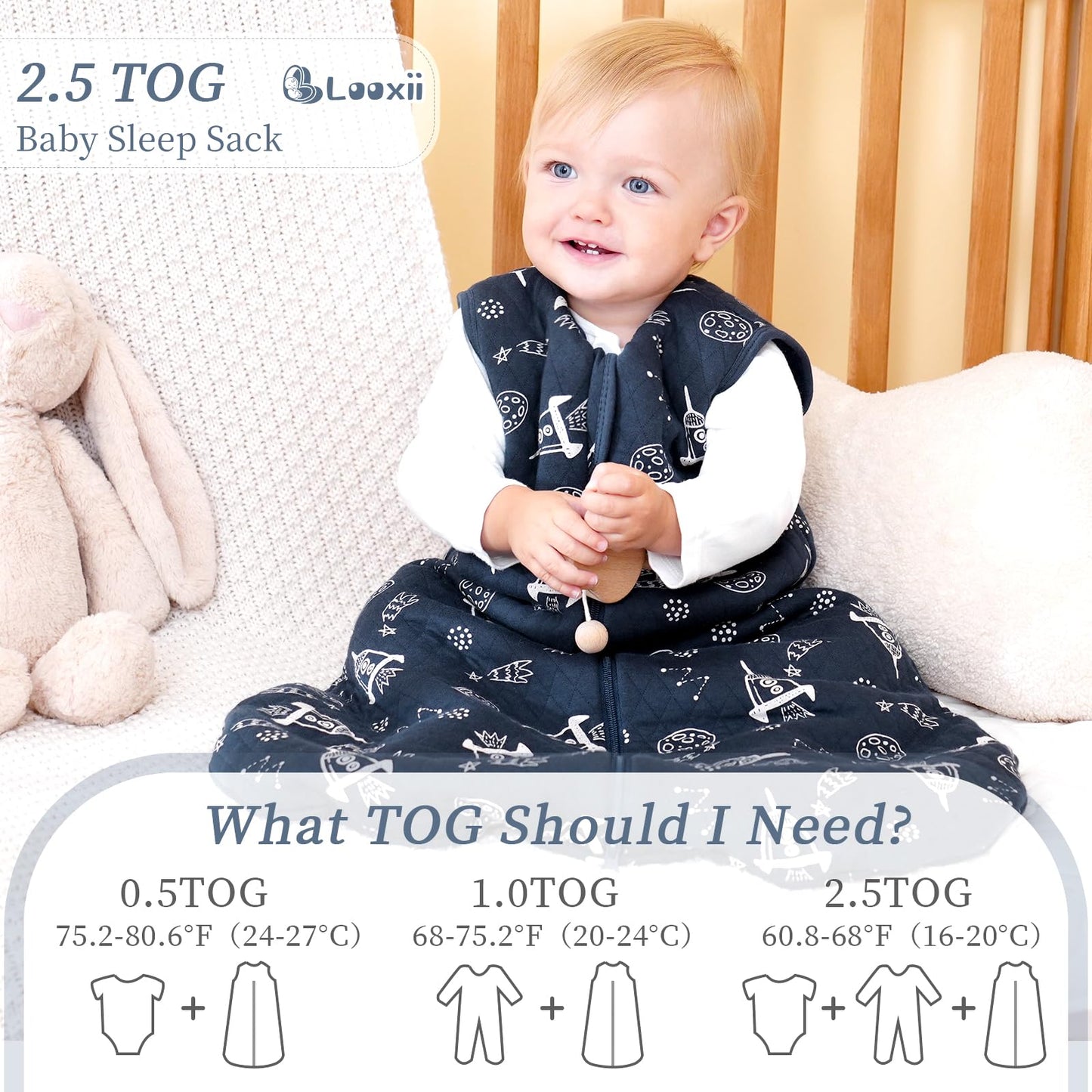 Looxii Baby Winter Sleeping Bag, Cotton, 2.5 Tog, Warm Winter Sleeping Bag, Soft Baby Sleeping Bag, Newborn in 6-12 Months, Perfect for Autumn, Winter
