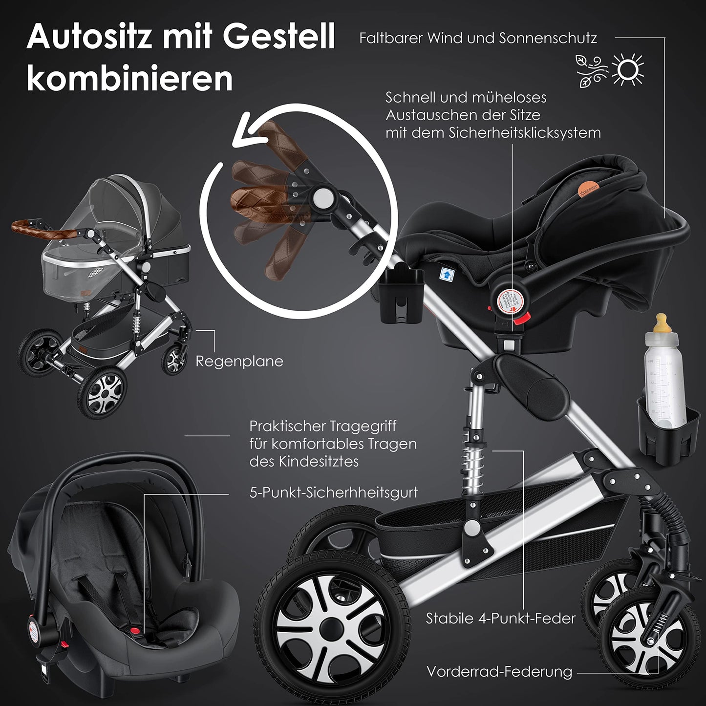 KESSER® Loops 3 in 1 Stroller Combi Stroller Complete Set including Carrycot & Buggy Sports Seat & Car Seat Solid Rubber Tires Changing Bag Rain Cover Children's Table ECE R129, Black/Champagne