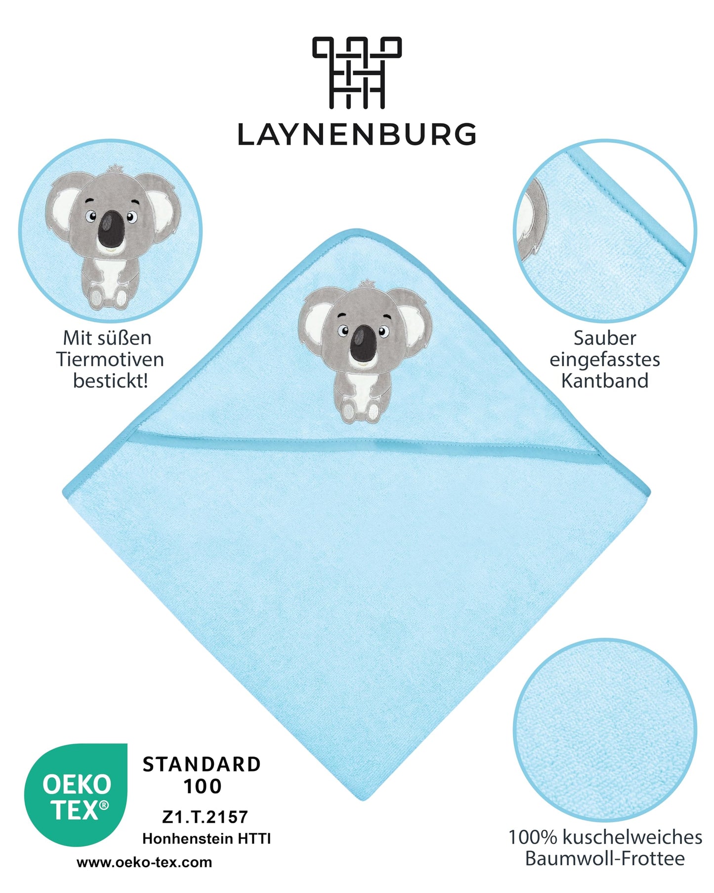LAYNENBURG Premium Kapuzenhandtuch Baby - Badehandtuch aus 100% Baumwolle - Oeko TEX - Handtuch mit Kapuze für Neugeborene & Kinder - Badetuch, Babyhandtuch Mädchen, Jungen (Waschbär 80 x 80cm)