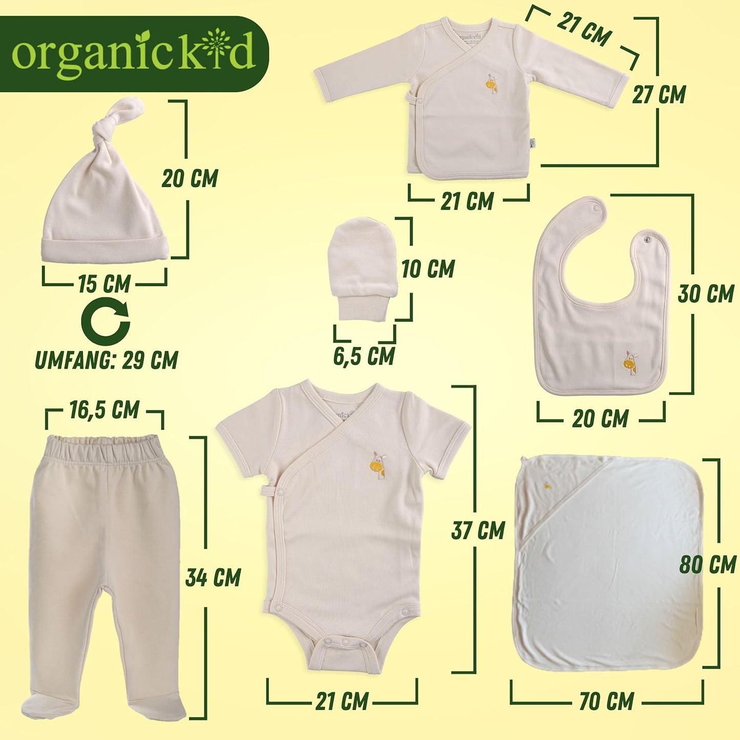 ORGANICKID Baby Set Neugeborene - weiche Bio-Baumwolle allergikerfreundlich 7 Teile mit Kapuzendecke - Baby Erstausstattung Geschenkset zur Geburt, 0-6 Monate, unisex Mädchen & Jungen