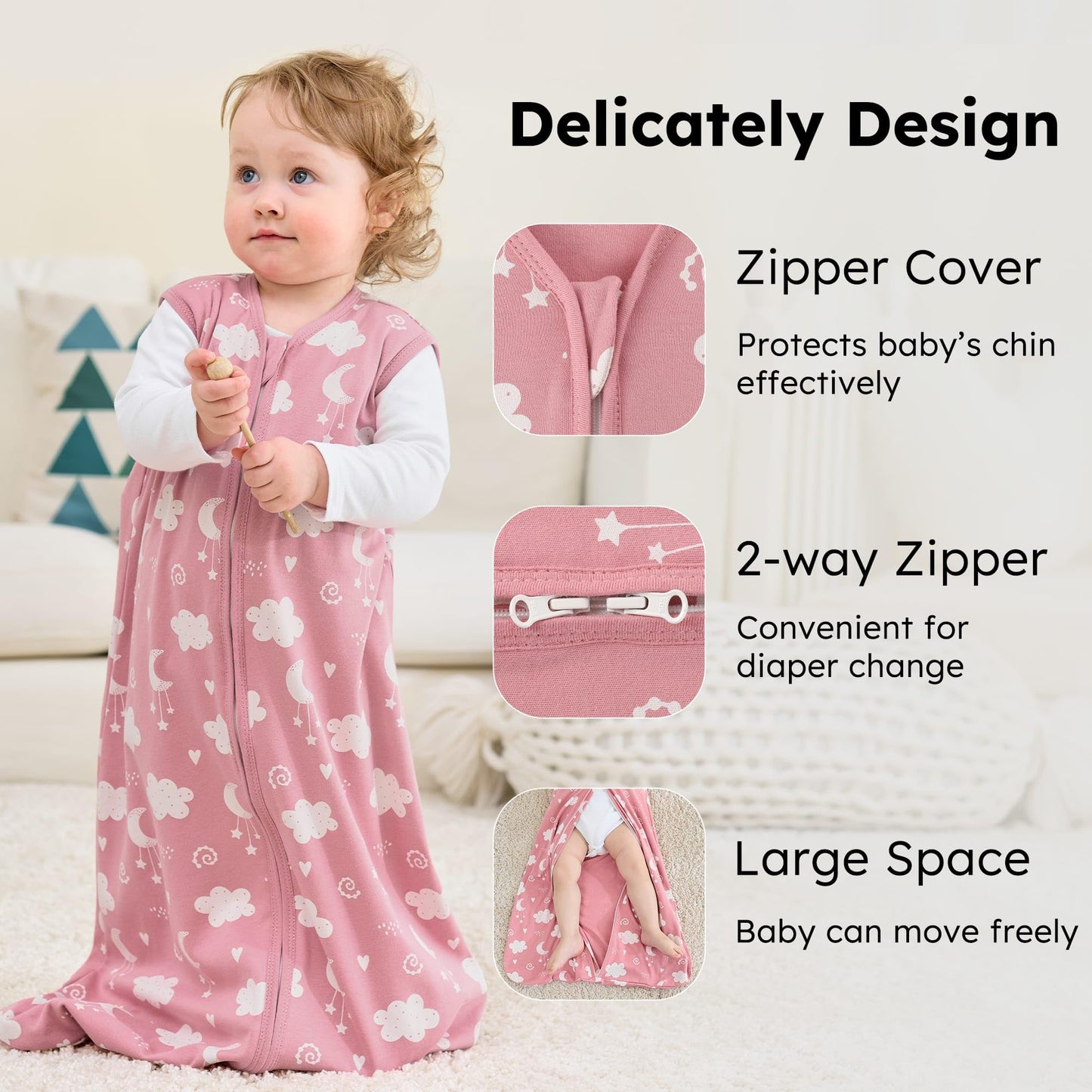 FIEMOL Baby Sleeping Bag 2.5 Tog 0-6 Months, Winter Cotton Newborn Baby Sleeping Bag, Wearable Blanket for Infants and Toddlers, 2-Way Zip Sleeping Bag, 67 cm, Rainbow
