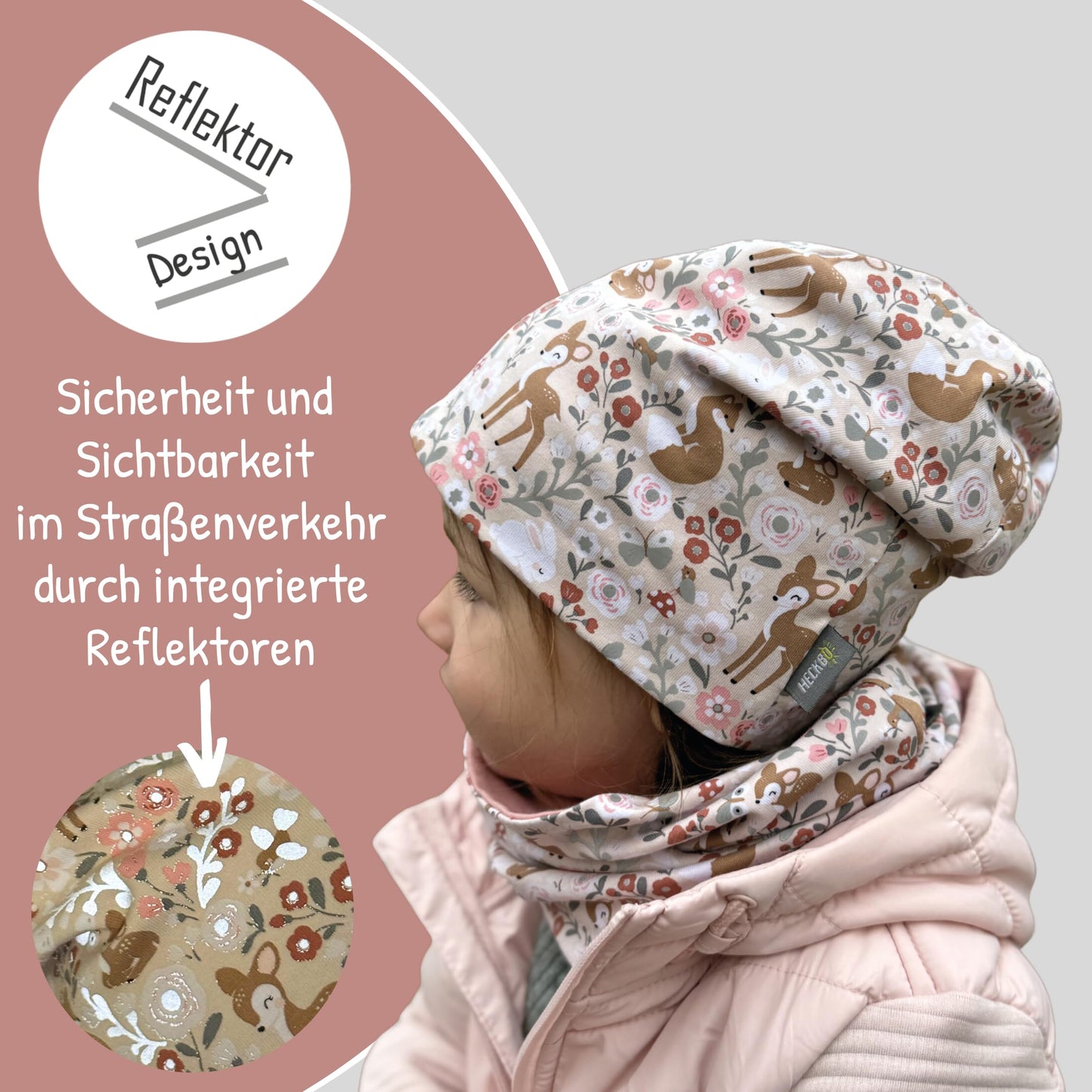 Heckbo 360° Reflector Children's Hat & Loop Scarf Set, Many Designs, 2–8 Years, 95% Cotton, Soft & Easy-Care Stretch Material, for Boys, Girls, Beanie for Spring, Summer, Autumn, Winter